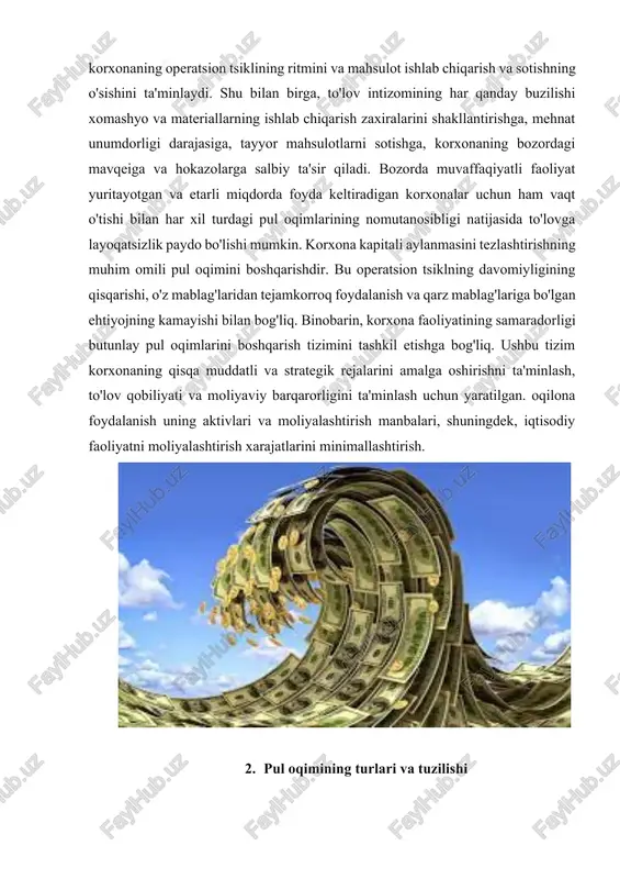 ablag'laridan tejamkorroq foydalanish va qarz mablag'lariga bo'lgan ehtiyojning kamayishi bilan bog'liq. binobarin, korxona faoliyatining samaradorligi butunlay pul oqimlarini boshqarish tizimini tashkil etishga bog'liq. ushbu tizim korxonaning qisqa muddatli va strategik rejalarini amalga oshirishni ta'minlash, to'lov qobiliyati va moliyaviy barqarorligini ta'minlash uchun yaratilgan. oqilona foydalanish uning aktivlari va moliyalashtirish manbalari, shuningdek, iqtisodiy faoliyatni moliyalashtirish xarajatlarini minimallashtirish. 2. pul oqimining turlari va tuzilishi "korxonaning pul oqimi" tushunchasi ushbu oqimlarning ko'plab turlarini o'z ichiga oladi va ularni samarali boshqarishni ta'minlash uchun tasniflash zarur. iqtisodiy jarayonning xizmat ko'rsatish ko'lami bo'yicha - umuman korxona uchun pul oqimi - umuman korxonaning biznes jarayoniga xizmat qiluvchi barcha turdagi pul oqimlarini to'playdigan pul oqimlarining eng jamlangan turi; - uchun pul oqimi ba'zi turlari korxonaning xo'jalik faoliyati - korxonaning jami pul oqimini uning iqtisodiy faoliyatining alohida turlari nuqtai nazaridan farqlash natijasi; - jismoniy shaxslar uchun pul oqimi tuzilmaviy birliklar(mas'uliyat markazlariga) - korxonaning tashkiliy-iqtisodiy tuzilmasi tizimida korxonani mustaqil boshqaruv ob'ekti …