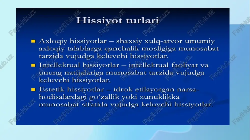 iyatga ega bo‘lgan hissiyotlarga quyidagi emotsional holatlar turlarini kiritish mumkin: hissiyot affektlari,kayfiyatlar, ehtiroslar, stresslar, frustratsiyalar, hissiyotlarning emotsional toni, emotsional munosabat. affekt affekt – sub’ekt uchun dolzarb bo‘lgan hayotiy sharoitlarining keskin va kutilmaganda o‘zgarishi bilan bog‘liq ravishda paydo bo‘ladigan va aniq ifodalangan harakatli visseral (ichki organik) namoyon bo‘lish birga kuzatiladigan kuchli va nisbatan qisqa muddatli emotsional holat. affektga misol tariqasida kuchli g‘azab, achchig‘lanish, dahshat, shiddatli quvonch, chuqur qayg‘u, umidsizlik kabilarni keltirish mumkin. affektning eng asosiy xususiyatlaridan biri ushbu emotsional ta’sirlanishning engib bo‘lmas darajada odamga qandaydir faoliyatning bajarish zaruriyatini bog‘lashdan iborat, lekin bunda odamda voqelik hissi yo‘qoladi. emotsional holatning keyingi turi – bu emotsiyalarning o‘zi. emotsiyalar affektlardan davomiyligi bilan farq qiladi. ularning boshqa alohida qirrasi faqat joriy voqealarga emas, balki, taxminiy yoki yodga olinadiganlarga nisbatan ham ta’sirlanish hisoblanadi. emotsional jarayonlarning boshqa xildagi iodalanishi qo‘zg‘alish va tinchlanish hisoblanadi. qo‘zg‘algan emotsional holat, odatda, faol xususiyatga ega bo‘lib, faoliyat yoki unga tayyorgarlik ko‘rish bilan bog‘liq. …