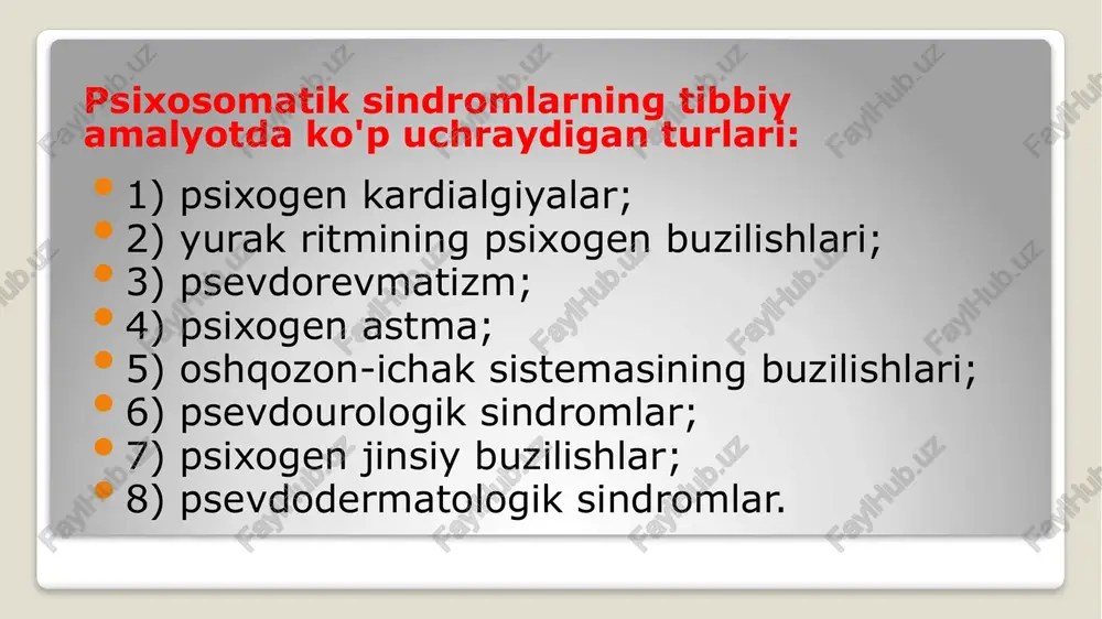 hayishi nafaqat qabziyatga, balki diareyaga ham sabab be'ladi. abdominal og'riqlar mutahassislar ma`lumotiga ko'ra, tez yordam bo'limiga olib kelingan bemorlarning 5-10 foizi qorin og'rig'idan shikoyat qilarkan. shu- nisi etiborliki, bu bemorlarning 41 foiziga «qorindagi sababi aniqlanmagan og’riq» deb yakuniy tashhis qo'yilarkan. yetuk klinika- larning birida qilingan ilmiy tahlil shuni ko'rsatganki, «appenditsit» tashhisi bilan operatsiya qilinganlarning har uch na- faridan birida, olib tashlangan o'simta gistologik tekshiruvdan o’tkazilganda, normal holatda bo'lgan. shu bilan birga, qorindagi og’riq lar affektiv buzilishlar natijasida kelib chiqqanligi aniq- lanib, qo'yilgan «ganglionevrit», «solyarit» kabi tashhislar bekor qilingan. psevdourologik sindromlar. tez-tez hojatxonaga qatnash, shunda ham qovug'i bo'shaganidan qoniqmay chiqish va qornining pastida og'riq sezish holatlari asab tizimining funksional buzilishlari uchun hosdir. siydik ajralib chiqishining nevrotik buzilishlari ikki hil ko'rinishda kechishi mumkin: tez-tez siygisi kelishi va siyishning ushlanib qolishi. e’tiboringiz uchun raxmat… image2.jpeg image3.jpeg image4.jpeg image5.jpeg image6.jpeg image7.jpeg image8.jpeg image9.jpeg image10.jpeg image11.jpeg image12.jpeg image13.jpeg image14.jpeg image15.jpeg image16.jpeg image17.jpeg image18.jpeg image19.jpeg image20.jpeg …