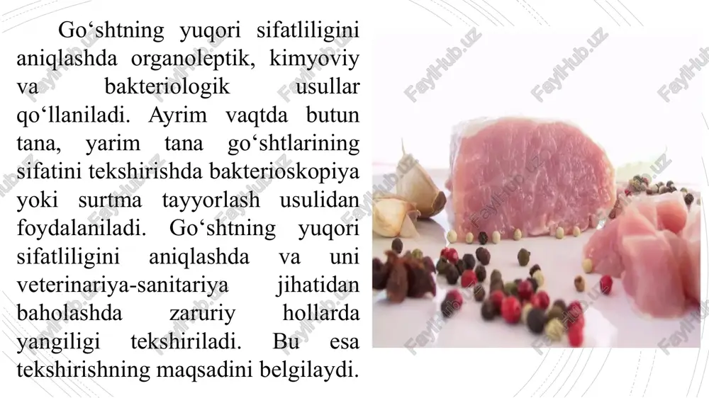 da ph 6,7 dan yuqori bo‘ladi. amin-ammiakli azotning miqdorini aniqlash (aaa). suvga nisbatan 1:4 nisbatda tayyorlangan go‘sht ekstraktidan 10 ml filtrlab olinib, 40 ml distirlangan suv qo‘shiladi va 3 tomchi 1 foizli fenolftaleining spirtli eritmasi tomiziladi. kolba ichidagi suyuqlikni bartaraflashtirish uchun ishlatiladi va och qizg‘ish rang hosil bo‘lguncha qo‘shiladi. keyin esa kolbaga 10 ml farmalin qo‘shiladi, kolbadagi eritmaning rangi oqish qizg‘ish bo‘lib, fenolftalein qo‘shish bilan bartaraflashtiriladi buning natijasida ajralib chiqqan karboksil guruhi aralashmasi kislotali bo‘ladi va indikatorning qizg‘ish rangi yo‘qoladi. keyin esa kolba ichidagi narsalar yana (0,1) densinormal ishqor eritmasi yordamida oq qizg‘ish rang hosil bo‘lguncha titrlanadi. 1 ml densinormal natriy ishqori 1,4 mg azotga, ekvivalent bo‘ladi, shunda densinormal ishqorning miqdorini ikkinchi marta titrlashga ketgani 1,4 ga ko‘paytiriladi va amin-amiakli azotning miqdori 10 ml go‘sht ekstrakti uchun aniqlanadi. go‘sht sifati jihatidan yangi hisoblanadi, qachonkim amin-ammiakli azotning miqdori (aaa) 1,26 mg gacha bo‘lsa: yangilikka gumon qilinsa 1,2 dan 1,68 gacha, oziq-ovqat …