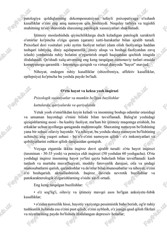 irish, o'z imkoniyatlari va qobiliyatlarini qayta baholashda namoyon bo'ladi. o'z-o'zini hurmat qilish hissi ko'pincha haqiqat bilan to'qnashuvlarga olib keladi va yoshlik negativizmi bilan namoyon bo'ladi. bunga ijtimoiy mustaqillik etarli bo'lmagan sharoitda (bir qator fuqarolik huquqlarining yo'qligi, ota-onalarga qaram bo'lish va boshqalar) qondirish mumkin bo'lmagan talablar yordam beradi. ko'pincha ota-onalar bilan nizolar mavjud, ular bilan hissiy aloqalar zaiflashadi va o'smir o'zini ularning vasiyligidan ozod qilishga intiladi. o'smirlikning asosiy tendentsiyalaridan biri bu kattalardan avtonomizatsiya va tengdoshlariga qayta yo'naltirishdir. ba'zi psixologlar muloqotni o'smirlik va yoshlikning etakchi faoliyati deb hisoblashadi. muloqot va guruhga bo'lgan ehtiyoj yolg'izlik, bezovtalik hissi, o'z ahamiyatini tan olish istagi tufayli yuzaga keladi. shifokorlar, ayniqsa pediatrlar, o'smirlarning eng tipik xulq-atvor reaktsiyalaridan xabardor bo'lishlari kerak, bu patologiya bo'lmasa-da, kelajakda psixopatik shaxsni shakllantirish xavfi bilan to'la. eng keng tarqalgan xulq-atvor javoblari o'smirlik va yoshlik "muxolifat"ning reaktsiyasi kattalar tomonidan qo'yilgan talablarga javoban faol norozilikdir. "emansipatsiya" reaktsiyasi - bu o'zini kattalar homiyligidan va nazoratidan ozod …