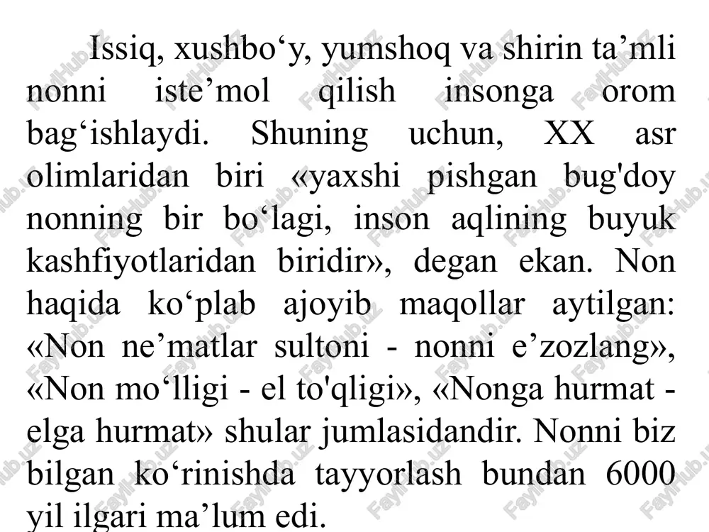 am miqdoriy (son bilan) ifodalash uchun 5 balli shkaladan foydalanish maqsadga muvofiq. ko‘pchilik uchun tanish bo‘lgan 5 ballik shkalada: 5 - yuqori, a’lo, 4 - yaxshi, 3 - qoniqarli, 2 - qoniqarsiz va 1- yom on sifat darajasini ifodalaydi mag'zining holati. bu ko'rsatkich ham nonlarning asosiy organoleptik ko'rsatkichlaridan biri hisoblanadi. yaxshi pishgan nonlarning mag'zi yaxshi pishgan nonga xos, yopishqoq emas, barmoq bilan bosib ko'rilganda ho'llik sezilmasligi kerak. non mag'zida pishmagan xamirlar va aralashmagan unlar ham bo'lmasligi kerak. non mag'zining asosiy ko'rsatkichlaridan yana biri g'ovakligi hisoblanadi. g'ovakliklari yaxshi rivojlangan, hamma joyida bir xil, mayda ko'zchalardan tashkil topgan bo'lishi va kata hajmdagi g'ovakliklar bo'lmasligi kerak. yaxshi yopilgan yangi nonlarning mag'zi elastik bo'lishi, ya'ni ko'rsatkich barmoq bilan non mag'ziga bosganda hosil bo'ladigan chuqurcha tezda o'z holatini egallashi, non mag'zi uvoqlanib ketmasligi kerak. non mag'zining g'ovakligi. nonning g'ovakligi deganda non g'ovakliklari hajmining nonning butun hajmiga nisbatining foizlardan ifodalangan miqdori tushuniladi. nonlarning g'ovakligi xamirning bijg'ishiga …