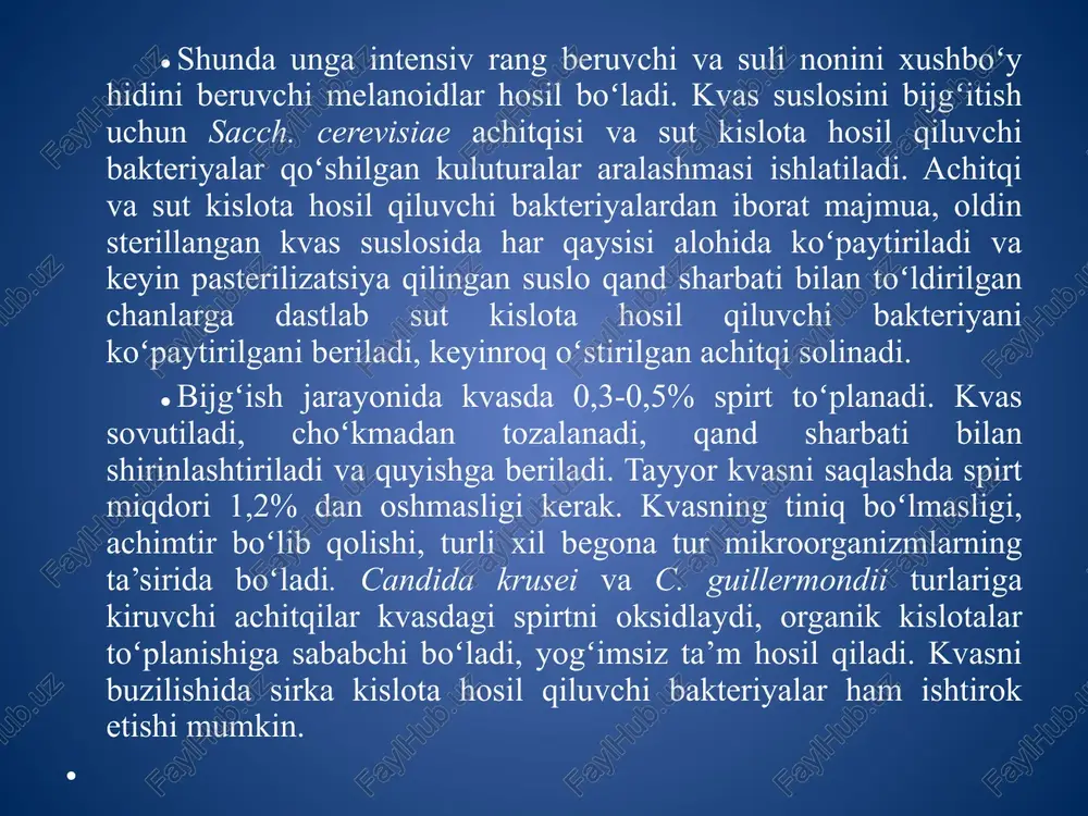mentlar ham kiradi un tarkibida har vaqt birqancha miqdorda turli xil mikroorganizmlar uchraydi. bundan tashqari mikroorganizmlar yana atrof muhitdan qoʻshimcha boʻlib xamirga ham tushadi. xamirni achitishda (oshishida) achitqilar va sut achituvchi bakteriyalar muhim rol oʻynaydi, xamirda bular uchun hamma kerakli sharoitlar: namlik (40-50%), kam miqdorda molekula holidagi kislorodva yetarli oziq moddalari mavjud. mikrobiologik jarayonlar va ular bilan bogʻliq boʻlgan xamirdagi biokimyoviy oʻzgarishlar nonni sifatini, boʻrsildoqligini, rangini, mazasini va xushboʻyligini aniqlab beradi. buqdoy unidan xamir tayyorlanayotganda, odatda, non pishirishda qoʻllaniladigan zichlangan achitqidan foydalaniladi. ularni maxsus achitqi zavodlarida ishlab chiqariladi: oziq muhiti sifatida asosan melassadan hamda kerakli boshqa moddalardan foydalaniladi. achitqi aeratsiya sharoitida oʻstirilgandan keyin separatsiya qilinib, oziq muhitidan ajratiladi, yuviladi va zichlanadi. ularning namligi 75% ni tashkil qiladi, shuning uchun ularni uzoq muddatga saqlab boʻlmaydi. non pishiriladigan achitqi tayyorlash uchun yuqori darajada bijgʻituvchi, tez oʻsadigan achitqi rasasidan foydalaniladi. ular katta hujayraga (eng kamida 7,0 x 11,0 mkm) ega boʻlishi, xamirda quruq …