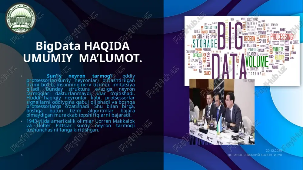 ia; - meteorologik ma'lumotlar; - yirik kutubxonalarning raqamli kitoblari; - transport vositalarining gps signallari; - bank mijozlarining operatsiyalari to'g'risidagi ma'lumotlar; - uyali aloqa abonentlarining joylashuvi to'g'risidagi ma'lumotlar; - yirik chakana savdo tarmoqlarida xaridlar to'g'risida ma'lumot va boshqalar. big data asosiy tamoyillari: - landshaft kengaytirilishi - ma'lumotlar massivlari juda katta bo'lishi mumkin va bu katta ma'lumotlarni qayta ishlash tizimining dinamik ravishda kengayib borishi kerakligini anglatadi. - xatolarga bardoshlik - uskunaning ba'zi elementlari ishdan chiqsa ham, butun tizim ishlashi kerak. - ma'lumotlarning joylashuvi. katta taqsimlangan tizimlarda ma'lumotlar odatda juda ko'p sonli mashinalarda tarqatiladi. ammo, iloji boricha va resurslarni tejash maqsadida ma'lumotlar ko'pincha o'sha serverda saqlanadi. uchala tamoyilning barqaror ishlashi va shunga mos ravishda katta ma'lumotlarni saqlash va qayta ishlashning yuqori samaradorligi uchun, masalan, blockchain kabi yangi katta texnologiyalar kerak. 8 10.11.2025 dobavit nijniy kolontitul big data asosiy tamoyillari: 8 zamonaviy biznesda big data tushunchasi. big data doirasi doimiy ravishda kengayib bormoqda:- katta …