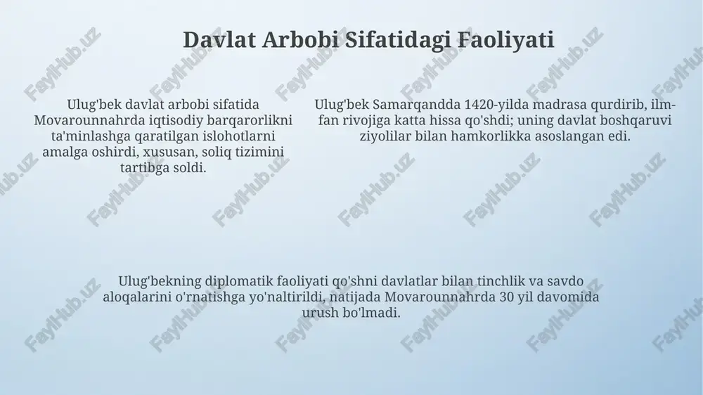 uzatuvlari orqali quyosh yilining uzunligini 365 kun, 6 soat, 10 daqiqa, 8 soniya aniqligida belgiladi. ulug'bekning "zij" asari 1018 ta yulduzning o'rnini aniqlab, ptolemey katalogiga sezilarli tuzatishlar kiritdi, o'sha davr astronomiyasida katta yangilik bo'ldi. ulug'bekning trigonometriya sohasidagi ishlari, xususan sinusning qiymatlarini aniq hisoblashi, keyingi matematik rivojlanish uchun muhim asos yaratdi. bugungi kundagi ulug'bek merosi ulug'bekning ilm-fanga bo'lgan cheksiz qiziqishi va shogirdlariga bergan e'tibori, bugungi yosh avlod uchun o'rnak bo'lib, ularni ilm olishga va yangi kashfiyotlar qilishga undamoqda. ulug'bekning 'zij' asari, 1018 yulduzning koordinatalarini aniq ko'rsatib, astronomiya faniga qo'shgan hissasi, bugungi kunda ham kosmik tadqiqotlar uchun muhim ma'lumot manbai bo'lib xizmat qiladi. ulug'bek madrasalari nafaqat o'sha davrning, balki bugungi o'zbekistonning ham me'moriy durdonasi bo'lib, turizmni rivojlantirishda va milliy merosni saqlashda muhim rol o'ynamoqda. xulosa ulug'bekning siyosiy faoliyati davlat boshqaruvi, adolat tamoyillari va ilm-fanni rivojlantirishga qaratilgan edi, natijada samarqand markaziy osiyoning ilmiy markaziga aylandi. ulug'bekning astronomiya sohasidagi asosiy xulosasi uning «ziji jadidi …