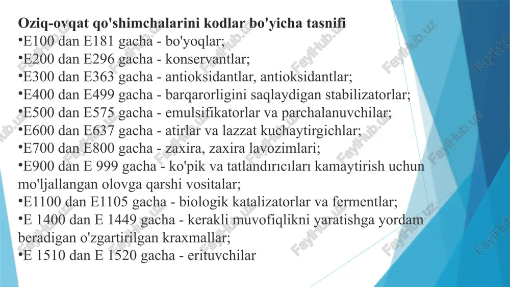 ovqatlanishdagi kamchiliklarni bartaraf etib, sogʻlom moddalarni oʻzlashtirishini kuchaytiradi hamda tananing ichki quvvatini kuchaytirib, koʻplab kasalliklarning xavfini kamaytiradi. ozuqaviy biofaol mahsulotlar oziq-ovqat va dori vositalaridan quyidagi mezonlarga koʻra ajratiladi: ozuqalanishning optimal fiziologik ratsioniga erishish uchun bfq qoʻshimchalardan foydalanish zaruriyati; bfq mahsulotlarining savdosi maʼlum dozalarda oziq-ovqat mahsulotlaridan alohida yuritilishi; bfq mahsulotlarida farmakologik taʼsirning yoʻqligi; bfq mahsulotlarida nojoʻya taʼsirning yoʻqligi; bfq inson organizmi va tizimining fiziologik barqaror boʻlmagan hollarda ularning funksional faoliyatini qoʻllab-quvvatlash uchun moʻljallanganligi; biofaol ozuqaviy qoʻshimchalar dori vositalari sirasiga kirmaydi foydalanish maqsadlariga ko'ra, biologik faol qo'shimchalarini quyidagi asosiy guruhlarga bo'lish mumkin: moddalar almashinuvi buzilishi natijasida (uglevod, yog', oqsil, vitamin va tananing turli funktsional) qo‘shimcha manba sifatida qo‘llanilishi mumkin bo‘lgan biologk faol qo'shimcha; oganizmni umumiy xolatini me’yorlash va yaxshilash uchun, biologik faol modda o‘zi yoki tarkibida turli xil mahsulotlar bilan birga inson organizmiga umumquvvatlovchi, yengil diuretik, tonik, tinchlantiruvchi ta’sir ko‘rstatadi; - enterosorbent ta’sirli biologik faol qo‘shimchalar kasalliklar oldini olish va oshqazon ichak …