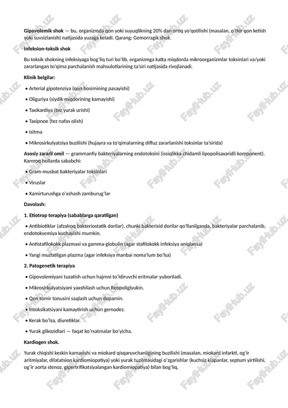 kil etadi (1300–1800 ml). yurak urish tezligi 120–140 zarbaga yetadi. sistolik ab 100 mm simob ustunidan pastga tushadi, puls bosimi kamayadi. metabolik atsidozni kompensatsiya qilish maqsadida nafas alkalozini yuzaga keltiruvchi og‘ir nafas qisishi paydo bo‘ladi, lekin bu shok o‘pka belgisi ham bo‘lishi mumkin. qo‘l-oyoqlarning sovushi, akrosianoz kuchayadi. sovuq ter paydo bo‘ladi. siydik ajralishi – 20 ml/soatdan kam. qaytarilmas gemorragik shok bu holat qon aylanishining uzoq davom etuvchi buzilishi (odatda 12 soatdan ortiq arterial gipotenziya) natijasida yuzaga keladi. qon yo‘qotish hajmi 50% dan ortadi (2000–2500 ml). yurak urish tezligi 140 dan oshadi, sistolik ab 60 mm simob ustunidan pastga tushadi yoki aniqlanmaydi. bemor hushsiz bo‘ladi. oligoanuriya (siydik ajralmasligi) rivojlanadi. davolash gemorragik shokda vazopressor vositalar (adrenalin, noradrenalin) qattiq kontraindikatsiyalangan, chunki ular periferik vazokonstriksiyani kuchaytiradi. qon yo‘qotish sababli yuzaga kelgan arterial gipotenziya quyidagi bosqichma-bosqich chora-tadbirlar bilan davolanadi: 1. yirik vena tomirining kateterizatsiyasi (odatda o‘mrov osti yoki ichki yo‘g‘on bo‘yin venasi). 2. tomchilab yoki …