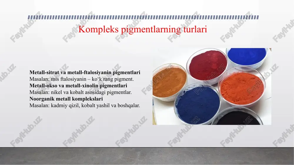 lari. kembrij, 2021 yil. casati, g. kimyo – bo'yoqlar uchun pigmentlar. milano, 2010 yil. takeda, k. moviy gul rangida ishtirok etadigan ko'k metall kompleks pigmentlari. tokio, 2006 yil. stallmann, o. organik bo'yoqlar va pigmentlarda metall komplekslaridan foydalanish. berlin, 1960 yil. abraham, m., reife, a. bo'yoqlar va pigmentlarning atrof-muhit kimyosi. nyu-york, 2003 yil. smith, j. ilg'or pigment fanlari. oksford, 2015 yil. liu, y., zhao, h. yangi metall kompleks pigmentlari. pekin, 2018 yil. jones, p., thompson, r. noyob yer pigmentlari va og'ir metall pigmentlari va ularning ranglari birinchi tamoyillardan. kembrij, 2013 yil. e’tiboringiz uchun raxmat image2.emf image3.jpeg image4.jpeg image5.jpeg image6.jpeg image7.jpeg image8.jpeg image1.jpg /docprops/thumbnail.jpeg