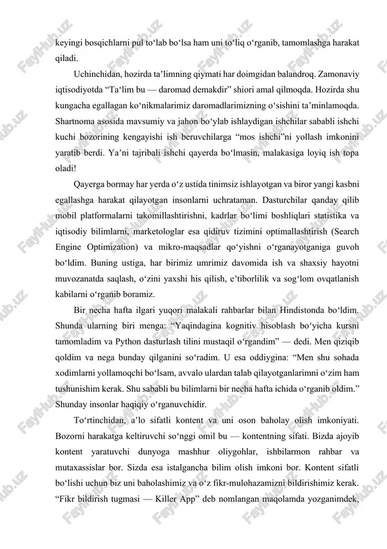 iz va oʻz fikr-mulohazamizni bildirishimiz kerak. “fikr bildirish tugmasi — killer app” deb nomlangan maqolamda yozganimdek, biz yashayotgan ijtimoiy dunyo kontent taqdim qiluvchilarni sifatli ishlashga majbur qiladi. unutmang! onlayn taʼlim endi rivojlanmoqda. men farzandlarimning onlayn tarzda bilim olishini kuzatdim va bu tabiiy, kuchli va foydali ekaniga amin boʻldim. midjourney.com xoʻsh, keyin-chi? bozor borgan sari kengayib borar ekan, kelgusi yillarda bir nechta muhim islohotlar sodir boʻlishi kutilmoqda: — ish beruvchilar akkreditatsiyalangan noanʼanaviy kontentga eʼtibor berishni boshlaydi. ish beruvchilar bu kurslarga malaka va koʻnikmalar koʻrsatkichi sifatida qarashni boshlaydi. kompaniyalar hali hanuz diplomlarga katta eʼtibor qaratadi, ammo onlayn taʻlim rivojlanmoqda va barchaning ishonchini zabt eta boshlayapti. shu sababli akkreditatsiyalangan bilim olish uchun pul tikishni boshlang. degreed kabi kompaniyalar bu islohotni amalga oshirishni boshladi. — foydali kontent barcha uchun ochiq boʻladi. barcha uchun foydali boʻla oladigan kontentga talab hech kamaygani yoʻq. savdo-sotiqni oʻrgatuvchi kursga nima deysiz? sababi biz doimo nimanidir sotamiz (shu jumladan, oʻzimizni …