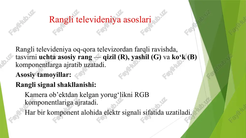 lariga, qabul qilishda uzatilgan signallarni tasvir elementlariga ketma-ket aylantirish jarayoniga tasvirlarni tiklash deyiladi. tasvirlarni analiz va sintez qilish jarayonlari sinxron hamda sinfaz boʻlishi kerak. televizion koʻrsatuv tizimida chiziqlisatr yoyilma qabul qilingan; bunda hosil qilinadigan tasvir kadri gorizontalsatr strukturaga ega boʻladi. tiklashning sinfazligini saqlash uchun har qaysi satr va kadr oxirida sinxronlovchi impuls uzatiladi. shu bilan televizion stya oʻz taʼsir zonasidagi barcha televizorlardagi tiklanishlarni boshqaradi. televideniyeda optik tasvirlarni hosil qilish va tiklash jarayonlari texnik jihatdan asosan vakuumli elektronnurli trubka yordamida amalga oshiriladi. uzatuvchi trubkalar ichida ichki fotoeffektli vidikon va tashki fotoeffektli superortikon, qabul qiluvchi trubkalardan esa turli kineskoplar keng tarqalgan. oq-qora televideniyeda yorugʻlik signali (videosignal) uzatuvchi trubkadan chiqishda kuchaytiriladi va elektr signaliga aylantiriladi. bunda radiokanal yoki kabel kanali aloqa kanali boʻlib xizmat qiladi. qabul qiluvchi qurilmada qabul qilingan signallar bir nurli kineskopda yorugʻlik nurlariga aylantiriladi; bunda kineskop ekrani oq nur nurlatadigan lyuminofor bilan qoplangan. rangli televideniye tabiatdagi barcha ranglarni maʼlum nisbatda …