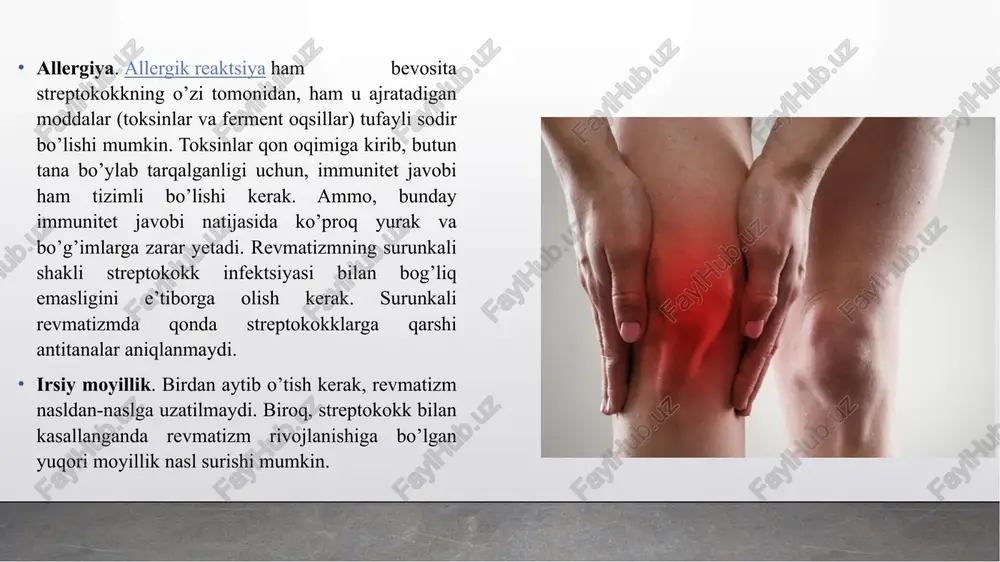 rayonning jadal rivojlanishi, va, xuddi shundek bo’g’imlarda yallig’lanish va og’riqning tezda yo’qolishi va ularning vazifasi tiklanishi xarakterlidir; to’sh ortidagi og’riq. yurak sohasida o’tmas yoki simillovchi tabiatli og’riqlar. usbu alomat darhol paydo bo’lmaydi, balki bir yoki bir necha kundan keyin yuzaga keladi; tomir buzilishlari. qon tomirlarining sinuvchanligi, burun qonashi va boshqalar; annulyar toshmalar. barcha holatlarning 4-10 foizidan kamrog’ida namoyon bo’ladi. ular pushti toshma kabi ko’rinadi, tekis bo’lmagan qirralar bilan aylana hosil qiladi. bemorni biron-bir tarzda bezovta qilmaydi; revmatik tugunlar. shikastlangan bo’g’imlarda hosil bo’ladi. ular diametri 5 mm dan 2-3 santimetrgacha bo’lgan teri osti shakllanmalari kabi namoyon bo’ladi, zich va harakatsiz, og’riqsiz. ular juda kam uchraydi va kasallikning boshlanishidan taxminan ikki oy davomida saqlanib turadi. revmatizm tashxisi revmatizmni tashxislash bir qator laboratoriya va instrumental tadqiqotlarni o’z ichiga oladi, jumladan: ultratovushli tekshiruv (utt); elektrokardiogramma (ekg); muayyan antitanalar va omillar uchun laboratoriya qon tekshiruvi. revmatizmni davolash bitsillin revmatizm — bu aralash immunitet-bakteriologik tabiatga ega …