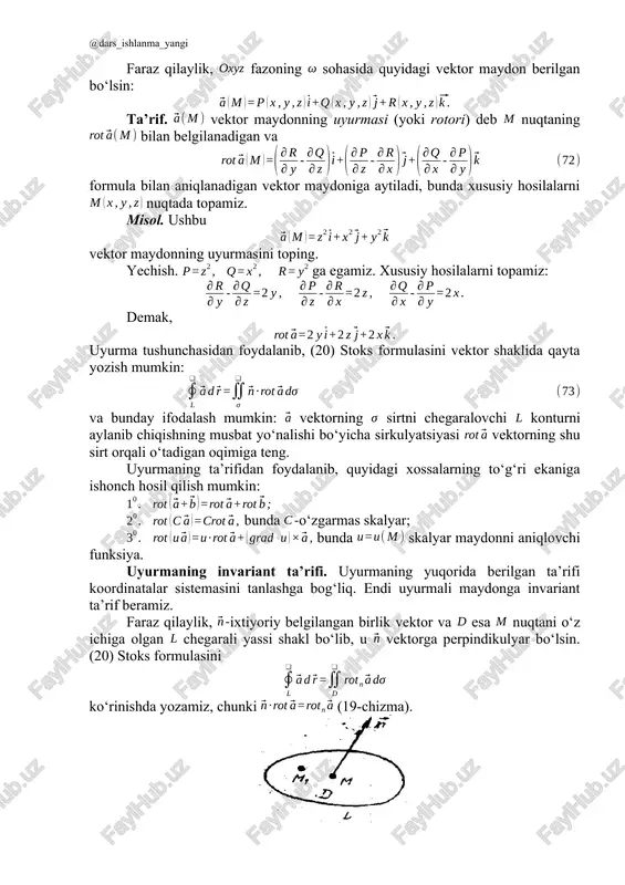 nning uyurmasi sohaning hamma nuqtalarida nolga teng bo‘lsa, bu maydon shu sohada potensial (yoki gradientli, uyurmasiz) maydon deyiladi. potensial maydonning ta’rifiga ko‘ra maydonning har bir nuqtasi uchun bo‘ladi, ya’ni quyidagi ayniyatlar o‘rinli bo‘ladi: shuning uchun (75) ayniyatlarning bajarilishi vektor maydonning potensialligi sharti bo‘ladi. ta’rif. gradienti skalyar maydonni vujudga keltiruvchi skalyar funksiya shu vektor maydonning potensial funksiyasi (yoki potensiali) deyiladi. shunday qilib, potensial maydon munosabat bilan ifodalanadi, bunda bo‘lib, shu bilan birga yoki potensial maydon holida chiziqli integralni hisoblash. agar fazoviy soha bir bog‘lamli bo‘lsa, u holda potensial maydondagi chiziqli integral integrallash yo‘liga bog‘liq bo‘lmasdan, balki shu yo‘lning boshlang‘ich hamda oxirgi nuqtalarining koordinatalariga bog‘liq bo‘ladi va funksiyaning shu nuqtalardagi ortirmasiga teng bo‘ladi, ya’ni bu yerda yo‘l nuqtadan nuqtagacha ixtiyoriy integrallash yo‘li. odatda bunday yo‘l tarzida siniq chiziq olinadi, uning bo‘g‘inlari koordinatalar o‘qiga parallel (20-chizma). bu holda potensialni hisoblash formulasi quyidagi ko‘rinishga ega bo‘ladi: bunda agar potensial maydon kuch maydoni bo‘lsa, u …