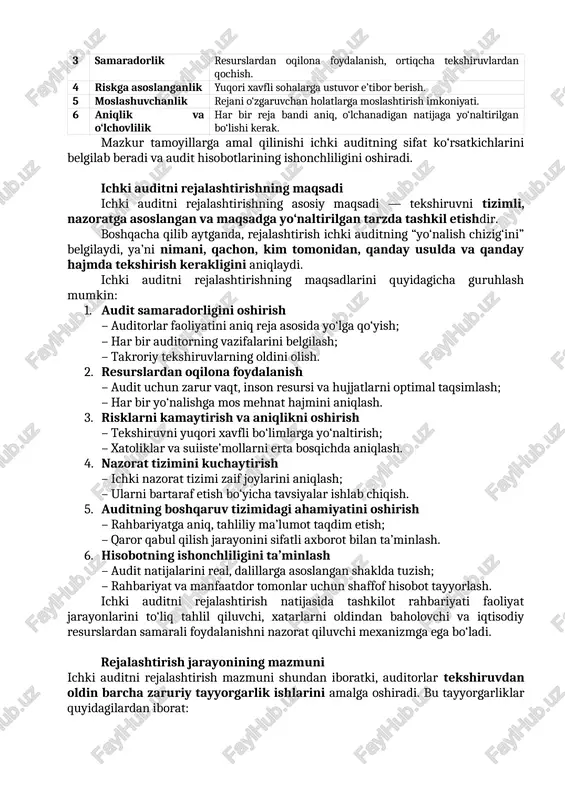 i nazorat tizimi zaif joylarini aniqlash; – ularni bartaraf etish bo‘yicha tavsiyalar ishlab chiqish. 5. auditning boshqaruv tizimidagi ahamiyatini oshirish – rahbariyatga aniq, tahliliy ma’lumot taqdim etish; – qaror qabul qilish jarayonini sifatli axborot bilan ta’minlash. 6. hisobotning ishonchliligini ta’minlash – audit natijalarini real, dalillarga asoslangan shaklda tuzish; – rahbariyat va manfaatdor tomonlar uchun shaffof hisobot tayyorlash. ichki auditni rejalashtirish natijasida tashkilot rahbariyati faoliyat jarayonlarini to‘liq tahlil qiluvchi, xatarlarni oldindan baholovchi va iqtisodiy resurslardan samarali foydalanishni nazorat qiluvchi mexanizmga ega bo‘ladi. rejalashtirish jarayonining mazmuni ichki auditni rejalashtirish mazmuni shundan iboratki, auditorlar tekshiruvdan oldin barcha zaruriy tayyorgarlik ishlarini amalga oshiradi. bu tayyorgarliklar quyidagilardan iborat: · audit maqsad va yo‘nalishini aniqlash – masalan, moliyaviy hisobot, kassa operatsiyalari yoki zaxira hisobini audit qilish; · korxona to‘g‘risida axborot to‘plash – faoliyat turi, daromad manbalari, xarajat turlari, ichki nazorat holati; · risklarni aniqlash – eng muhim va potentsial xavfli yo‘nalishlarni ajratish; · audit doirasini belgilash …