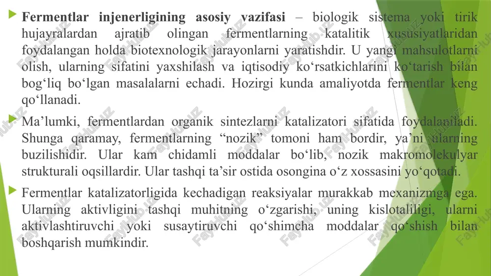 adi. shuning uchun ish davomida vodorod ion kotsentratsiyasi doimo ph metr yordamida nazorat qilib turilishi kerak. ishlatiladigan kimyoviy reagentlar toza bo’lish kerak. ish uchun ikki marta distillangan suv bilan yoki ion almashtirgich kolonkalardan o’tkazilib ionsizlashtirilgan suv bilan bajarilishi maqsadga muvofiq. fermentlarni ajratib olish uchun quyidagi usullardan foydalaniladi: ekstraksiya. buning uchun avval xujayra devori buzilishi kerak. hayvon to’qimalari uchun gomogenizatordan foydalanish qulay. gomogenizatorga to’qima tushirilib ustiga bir necha hajm atseton qo’shiladi. atseton -15-20 c gacha sovitilishi kerak. to’qima 1-2 minut davomida maydalanadi. cho’kma filtrlab olinadi. atseton uchirib yuboriladi. atseton ta’sirida xujayra devori buziladi, suvsizlanadi va lipidlarni ko’p qismi ketadi. atsetonli poroshoklar eksikatorda bir necha oy faolligini yo’qotmasdan shaklanishi mumkin. achitqilar orqali ekstraksiya qilish mumkin. ulardan fraksiyalash usullari yordamida tozalash mumkin. tozalash usullari bir necha xil bo’ladi. ularni ajratib olinadigan ferment tabiatiga ko’ra qo’llash mumkin. a) kislota bilan ishlash. bu usul ekstraktga idish devori orqali bufer yoki tomchilatib bufer tomizib kislota qo’shilish …