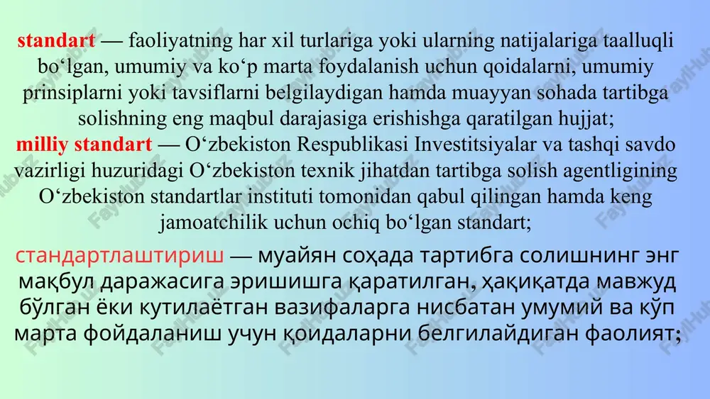 ulotlarini tashqi bozorlarga chiqarishning kompleks tizimini tashkil etish 11. bandi «o'zstandart» agentligi: o'zbekiston respublikasi tashqi ishlar vazirligi bilan birgalikda uch oy muddatda «global gap», «nalal» va «organic» standartlari talablariga muvofiqlikka sertifikatlashtirish bo'yicha xalqaro tan olingan tashkilotlar bilan hamkorlik o'rnatsin; o'zbekiston respublikasi qishloq xo'jaligi vazirligi va «o'zbekoziqovqatxolding» xk bilan birgalikda 2019 yil 1 fevralga qadar xalqaro standartlar talablariga muvofiq bo'lgan organik va boshqa mahsulotlarni etishtirishni rivojlantirish bo'yicha hukumat qarori loyihasini kiritsin; o'zbekiston respublikasi qishloq xo'jaligi vazirligi va sog'liqni saqlash vazirligi bilan birgalikda 2019 yil 1 martga qadar mamlakatda «global gap», «nalal» va «organic» standartlari talablariga muvofiq meva-sabzavot etishtiruvchi mahalliy korxonalarni sertifikatlash bo'yicha mutaxassislarni tayyorlashni tashkil etsin. 17 qabul qilingan xalol standartlar o’z dst 3286:2018 xalol oziq-ovqat maxsulotlari bo'yicha umumiy qo'llanma o’z dst 3300:2018 (ts 13571:2013 mod) xalol ovqat va ichimliklar tayyorlanadigan, saqlanadigan va sotiladigan joylar uchun o’z dst 3300:2018 qo'llanishining muayyan talablari o’z dst 3301:2018 (ts oic/smiic 2:2012 mod) “xalol” sertifikatlashtirish …