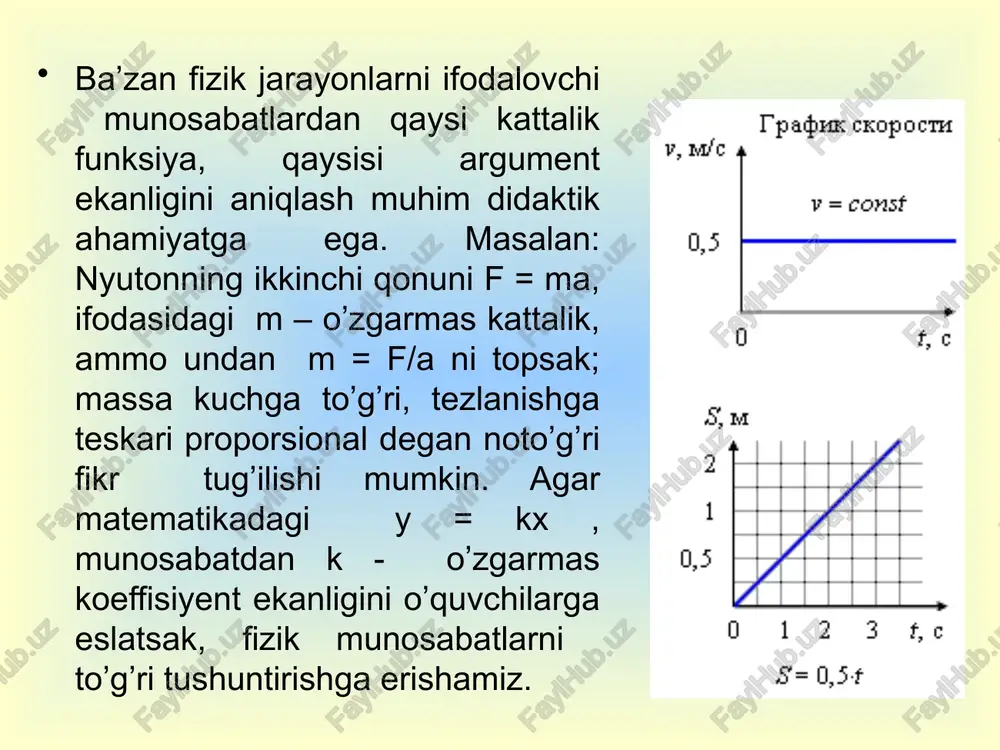 ilan uzviy aloqada bo’lib kelgan. o’z navbatida fizika fanining taraqqiyoti ijtimoiy – iqtisodiy talablar asosida rivojlanib kelgan. vatanimizda ochilayotgan ulkan sanoat korxonalari (o’zdeu, samko’chavto, to’qimachilik va poyabzal fabrikalari) iqtisodiyotimiz tayanchlari hisoblanadi. ushbu korxonalarda ishlatilayotgan asbob va uskunalar, avtomatlashtirilgan jarayonlar fizik qonuniyatlarga asoslangan. o’quvchilarni ushbu sanoat markazlarida erishilayotgan mehnat unumdorligi, ishlab chiqarilayotgan mahsulotlarning jahon talabiga javob berayotganligi, mahsulotlarning chet elga eksport qilinishi o’quvchilarda fizika faniga, texnikaga nisbatan qiziqishlarini uyg’otishda, vatanparvarlik, kasbga yo’naltirish kabi didaktik maqsadlarni amalga oshirishga xizmat qiladi. analogiya haqida tushuncha narsa va hodisalarni modellashtirish tabiiy zaruratdan kelib chiqadi. chunki narsa va hodisalar atrof-muhit bilan son-sanoqsiz o’zaro aloqada bo’ladi. ularning barchasini qamrab olishning imkoniyati yo’q. shu sababli narsa va hodisalarni ularning soddalashtirilgan modellari orqali o’rganamiz. fizikani o’qitish jarayonida biz ko’plab moddiy va abstrakt modellar bilan ish ko’ramiz. fizik obyektlarni yoki ba’zi fizik jarayonlarni ko’rsatishning imkoni bo’lmasa, biz ularning modeli bilan ish ko’ramiz. fizik obyektlarni, jarayonlarni modellashtirishda biz analogiya usulidan foydalanamiz. …