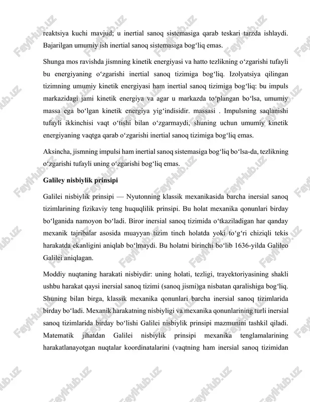 li inersial sanoq tizimlarida birday boʻlishi galilei nisbiylik prinsipi mazmunini tashkil qiladi. matematik jihatdan galilei nisbiylik prinsipi mexanika tenglamalarining harakatlanayotgan nuqtalar koordinatalarini (vaqtning ham inersial sanoq tizimidan boshqasiga oʻtishdagi almashtirishlarga — galilei almashtirishlariga nisbatan invariantligini ifodalaydi (qarang: nisbiylik nazariyasi). shu sababli, galilei almashtirishlarida yuqoridagi tenglama oʻzgarmaydi. bu tenglama galilei nisbiylik prinsipining matematik ifodalanishidir. galilei nisbiylik prinsipi jismlar yorugʻlik tezligi (c)ga nisbatan ancha kichik tezliklar bilan harakatlangan hol uchungina oʻrinli. „c“ bilan taqqoslanadigan tezliklarda esa galilei almashtirishlari lorens almashtirishlari bilan almashtirilishi lozim. adabiyotlar: oʻzme. birinchi jild. toshkent, 2000-yil mccomb, w. d.. dynamics and relativity. oxford [etc.]: oxford university press, 1999 — 22–24-bet. isbn 0-19-850112-9. taylor and wheeler’s exploring black holes — introduction to general relativity, chapter 2, 2000, p. 2:6. woodson, herbert h.. electromechanical dynamics, 1, new york: wiley, 1968 — 251–329-bet. qaraldi: 2023-yil 8-avgust. image1.png