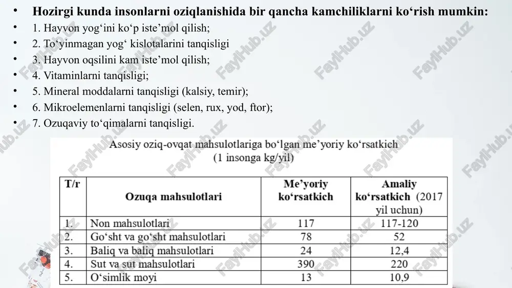 . ayniqsa, xom sabzavotlardagi uglevodlar taomning yaxshi hazm bo‘lishiga ko‘mak beradi. yog‘lar – uglevodlar singari quvvatning manbai sanaladi. yog‘lar hayvonlar (mol, qo‘y, to‘ng‘iz, parrandalar va hokazo) va o‘simliklar (kungaboqar, zaytun, makkajo‘xori, paxta, yong‘oq kabilar) dan olinadi. yog‘lar taom ta’mini yaxshilaydi va insonni to‘q saqlaydi. biroq ular organizmdan tez chiqib ketmaydi, unda to‘planadi. yog‘ni ortiqcha iste’mol qilish semirishga olib keladi. this presentation uses a free template provided by fppt.com www.free-power-point-templates.com vitaminlar – bizning yashashimiz uchun zarur vositalar sanaladi. ular organizmning turli kasalliklarga qarshilik ko‘rsatishini kuchaytiradi va uning immunitetini ko‘taradi. vitaminlar inson organizmiga hayvonlar va o‘simliklardan olingan oziq-ovqatlar orqali o‘tadi. mineral moddalar – oziq-ovqatlarning barcha turlariga oz bo‘lsada kiradi. hammasi bo‘lib 30 dan ortiq minerallar va mikroelementlar mavjud, ularsiz organizmning to‘laqonli faoliyati bo‘lishi mumkin emas. this presentation uses a free template provided by fppt.com www.free-power-point-templates.com suv – tiriklikning dastlabki manbai. u ham yuqorida tilga olinganlar qatori oziq-ovqatning muhim komponentlaridan biri hisoblanadi. suv …