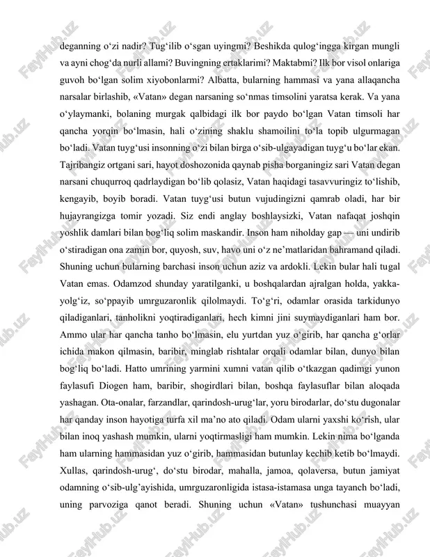 r, qarindosh-urug‘lar, yoru birodarlar, do‘stu dugonalar har qanday inson hayotiga turfa xil ma’no ato qiladi. odam ularni yaxshi ko‘rish, ular bilan inoq yashash mumkin, ularni yoqtirmasligi ham mumkin. lekin nima bo‘lganda ham ularning hammasidan yuz o‘girib, hammasidan butunlay kechib ketib bo‘lmaydi. xullas, qarindosh-urug‘, do‘stu birodar, mahalla, jamoa, qolaversa, butun jamiyat odamning o‘sib-ulg’ayishida, umrguzaronligida istasa-istamasa unga tayanch bo‘ladi, uning parvoziga qanot beradi. shuning uchun «vatan» tushunchasi muayyan jo‘g‘rofigiy hududnigina qamrab olmaydi, balki uning tarkibiga butun jamiyat, uning kechagi kuni, buguni va ertasi ham kiradi. shuning uchun men «o‘lsam ayrilmasman quchoqlaringdan» deya bot-bot takrorlaganimda bilamanki, men vatanimga kerakman. kimligimdan, yoshu qariligimdan, kasbu korimdan qat’i nazar. bilamanki, mensiz vatanimning nimasidir kemtik, noto‘kis bo‘lib qoladi. ayni chog‘da shuni ham bilamanki, vatanim menga ko‘proq kerak. vatan mensiz yashash mumkin, lekin men vatansiz yashayolmayman! rost-da! men yetshga kirib, umrimda nimaiki ro‘shnolik ko‘rgan bo‘lsam, shu vatanning bag‘rida uning sahovati tufayli, «bir mehribon qo‘l» bilan peshonamni silagani tufayli …