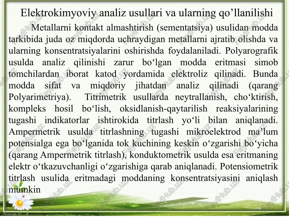 odda ishtirokidagi elektrokimyoviy reaksiya amalga oshadigan va analiz qilinadigan eritmaga botirilgan indikator mikroelektrodning potensiali bilan elektrolitik yacheykadagi tok kuchiga bog‘liqligini tadqiq qilishga asoslangan elektrokimyoviy analiz usullarining majmuidir. bunday usulni birinchi bo‘lib analitik maqsadlarda ya. geyrovskiy qo‘llagan. u tomonidan ishlab chiqilgan simob tomchi elektrodidan foydalanishga asoslangan usul polyarografiya deb ataladi. voltamperometriya qutblanish tokini ishchi elektrod potensiali uning muvozanat qiymatidan sezilarli farq qilgandagi o‘rganilayotgan elektrokimyoviy yacheykaga beriladigan qutblanish kuchlanishiga bog‘liqligini o‘rganish metodlarini birlashtiradi. voltamperometriya metodlarining turli tumanligi bo‘yicha elektrokimyoviy analiz metodining eng katta sohasini tashkil etadi, hozirgi vaqtda uning metodlari analitik kimyoda (masalan, polyarografiya va amperometriya metodlari) eritmalarda va suyuqlanmalarda moddalar konsentrattsiyalarini aniqlashda va turli fizik kimyoviy va elektrokimyoviy tekshirishlarda keng qo‘llaniladi. elektrolitlarning elektr o‘tkazuvchanligini dastlab bundan 150 yillar oldin birinchi bo‘lib georg simon om amalga oshirgan bo‘lsa ham, konduktometriyaning asoschisi sifatida kolraush xisoblanadi. u (kolraush) birinchi bo‘lib 1869- yilda kulonometriya nazariyasini va elektrolitlar elektr o‘tkazuvchanligini(eo‘) ishlab chiqdi. dyutua birinchi bo‘lib, moddalarni …