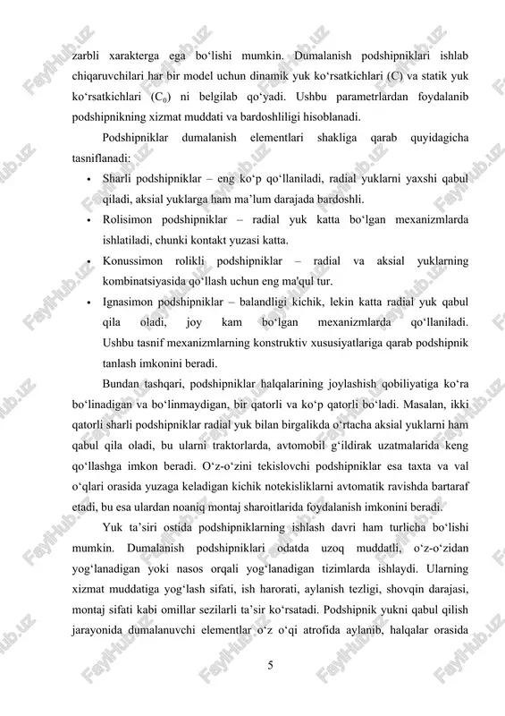 a yo‘llarida ezilish, bosim izlari, mikroshikastlanishlar paydo bo‘ladi va bu podshipnikning ishlash muddatini keskin qisqartiradi. dinamik yuk esa podshipnikning real ishlash jarayonidagi chidamliligini aniqlaydi. shuning uchun mashina konstruksiyasida podshipnik tanlashda, birinchi navbatda, mexanizmning ish sikli, yukning o‘zgarish xarakteri, davomiyligi va zarba kuchlari tahlil qilinadi. podshipnikning xizmat muddati odatda million aylanishlarda yoki soatlarda o‘lchanadi va u l₁₀ ko‘rinishida ifodalanadi ― bu podshipniklarning 90 foizi belgilangan yuk ostida minimal muddat davomida ishonchli ishlashini ta’minlaydi degan ma’noni beradi. podshipniklarning ishlash sharoitlari ichki va tashqi harorat ta’siri ostida ham o‘zgaradi. yuqori harorat dumalanuvchi elementlar va halqalar po‘latining mustahkamlik xususiyatlarini pasaytiradi, yog‘lash materialining qovushqoqligini kamaytiradi va ishqalanish koeffitsiyentini oshiradi. bu esa oxir-oqibat podshipnikning qizib ketishiga, metallning yumshashiga yoki qattiqlikni yo‘qotishiga olib keladi. aksincha, past haroratlarda yog‘ qotib qolishi, dumalanish elementlarining harakati sekinlashishi, boshlang‘ich qarshilik kuchining ortishiga sabab bo‘ladi. shuning uchun maxsus haroratli sharoitlarda ishlaydigan podshipniklar (masalan, metallurgiya pechlari, kriogen texnikalar, samolyot dvigatellari) uchun yuqori haroratga …