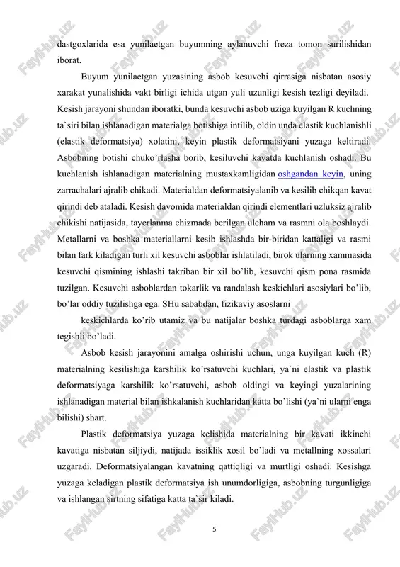 aga karshilik ko’rsatuvchi, asbob oldingi va keyingi yuzalarining ishlanadigan material bilan ishkalanish kuchlaridan katta bo’lishi (ya`ni ularni enga bilishi) shart. plastik deformatsiya yuzaga kelishida materialning bir kavati ikkinchi kavatiga nisbatan siljiydi, natijada issiklik xosil bo’ladi va metallning xossalari uzgaradi. deformatsiyalangan kavatning qattiqligi va murtligi oshadi. kesishga yuzaga keladigan plastik deformatsiya ish unumdorligiga, asbobning turgunligiga va ishlangan sirtning sifatiga katta ta`sir kiladi. metallarni kesish jarayonida asosan 4 xil qirindi xosil bo’ladi: uvok, sinik, pogonali va tutash qirindilar. 1. uvoq qirindi. bunday qirindi bir-biri bilan boglanmagan nomuntazam rasmli ayrim elementlardan iborat). murt metallarni, chuyan va kuymakorlik bronzalarini yo’nishda ana shunday qirindi xosil bo’ladi. detalning yunilgan yuzasida yo’nish izlari koladi. 2. siniq qirindi. bunday qirindi bir-biri bilan ma`lum darajada boglangan ayrim elementlardan iborat. qirindining bu turi urtacha qattiqlikda ega bo’lgan metallarni urtacha kesish tezlikda ishlab, urtacha kundalang kesimli qirindi ajratishda xosil bo’ladi. 3. pogonali qirindi. bunday qirindi sinik qirindiga uxshash bo’lib, fakat uning …