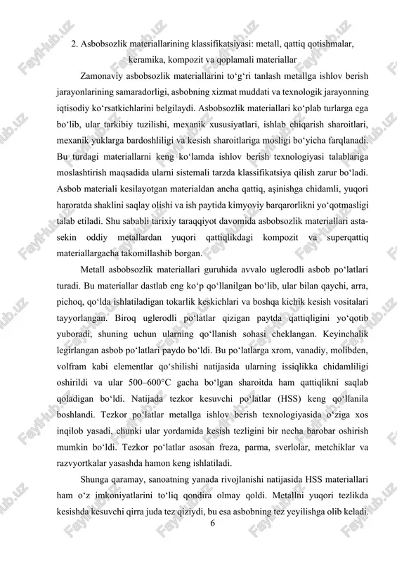 . natijada, tokarlash, frezalash va burg‘ulash jarayonlarida kesish tezligi bir necha barobar oshadi, bu esa ishlab chiqarish unumdorligini sezilarli ravishda ko‘paytiradi. karbidli keskich plastinalarining stanok kallaklariga joylanishi ularning almashtirilishini osonlashtiradi, bu esa ishlab chiqarish jarayonini uzluksiz va tezkor qiladi. yana bir muhim sinf – bu keramika asboblaridir. keramika asboblari metallga nisbatan juda qattiq bo‘lib, yuqori haroratga chidamli va kimyoviy jihatdan inertdir. ularning asosiy materiali aluminiy oksidi yoki silitsiy nitrididir. keramika asboblari bilan metallga ishlov berishda kesish jarayonida issiqlikning katta qismi kesilayotgan buyumga o‘tadi, asbobning o‘zi esa qizib ketmaydi. biroq keramika tabiatiga ko‘ra mo‘rt bo‘lganligi sababli, ularni faqat uzluksiz kesishda qo‘llash mumkin. agar kesishda zarba, notekis uzatma yoki tebranish bo‘lsa, keramika keskich qirrasi sinib ketishi mumkin. zamonaviy asbobsozlikning eng yuqori bosqichini superqattiq materiallar tashkil qiladi. ularga polikristall olmos va kubik bor nitridi kiradi. polikristall olmos aşinishga deyarli berilmaydi va nihoyatda silliq sirt hosil qiladi. u asosan alyuminiy, mis, grafit va kompozit …