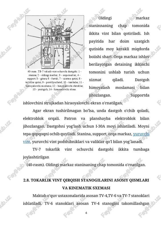 harakatni uzatuvchi ikkita zanjir bor. ular: asosiy harakat zanjiri va surish zanjiridir(43-rasm). asosiy harakat zanjirida aylanish ponasimon tasmali uzatma orqali ii valga, 1—3 g’ildiraklarning ilashuvi orqali iii valga, 3—ii g’ildiraklarning ilashuvi orqali iv valga, 9—15 g’ildiraklarning ilashuvi orqali shpindel vali vi ga uzatiladi. so’nggi yillarda sonli dastur bilan boshqariladigan dastgohlar keng qo’llana boshlandi. dasturli boshqarish yordamida asboblar (ishlov berish markazlari) o’zidan o’zi almashinadigan dastgohlar yaratildi. sonli dastur bilan boshqariladigan dastgohlar o’rnatilgan uchastka va sexlar elektron hisoblash mashinalari yordamida ishlaydi. ana shunday dastgohlar ishining dasturlarida detallari ishlov berish tartibi, dastgoxdagi ishchi organlarning harakati, ana shu harakatlarning tezligi va aniqlash nazarda tutilgan, ya’ni detallarga ishlov berishning texnologik jarayonlari hisobga olingan. bunday dastgohlar insonning aralashuvisiz ishlaydi. tokarlik stanoklarida ishlatiladigan keskichlarning turlari tokarlik keskichlarining bajariladigan operasiyalarga ko’ra turlari va vazifalari. ustki va ko’ndalang sirtlarga ishlov beriladigan keskichlar. detallarga ishlov berish sifati keskichlarning to’g’ri tanlanishiga, konstruksiyalar maqsadga aynan muvofiq bo’lishiga bog’liqdir (44-rasm). malakali tokar detalning …