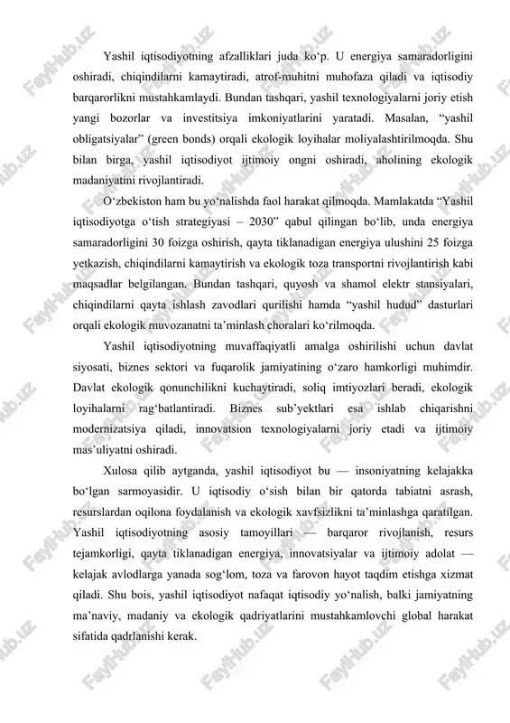 hisoblanadi. cheklangan resurslar deganda, qayta tiklanmaydigan tabiiy boyliklar – neft, gaz, ko‘mir, metallar, shuningdek, suv, yer va biologik resurslarning miqdoriy chegaralanganligi tushuniladi. ayni paytda global miqyosda energiya, oziq-ovqat va suv tanqisligi insoniyat uchun eng katta xavflardan biri bo‘lib qolmoqda. xalqaro tashkilotlarning tadqiqotlariga ko‘ra, agar hozirgi iste’mol sur’ati davom etsa, xxi asr o‘rtalariga borib dunyoda bir qator resurs turlari tanqisligi yanada kuchayadi. bu esa iqtisodiy barqarorlikni buzadi, ekologik muhitni yomonlashtiradi va ijtimoiy tanglikni keltirib chiqaradi. cheklangan resurslar sharoitida yuzaga keladigan asosiy muammolardan biri — resurslardan samarasiz foydalanishdir. ko‘plab mamlakatlarda energiya, suv va xom ashyo isrof bilan sarflanadi, ishlab chiqarish jarayonlari eski texnologiyalarga asoslanadi. masalan, ko‘plab sanoat tarmoqlarida energiya samaradorligi past bo‘lib, bu nafaqat iqtisodiy xarajatlarni oshiradi, balki atrof-muhitga zarar yetkazadi. o‘zbekiston misolida olaylik, energiya iste’molining katta qismi issiqlik elektr stansiyalariga to‘g‘ri keladi va ular asosan tabiiy gazni yoqish orqali ishlaydi. bu esa uglerod chiqindilarining ortishiga olib keladi. ikkinchi muammo — ekologik …