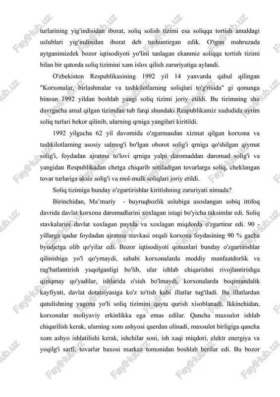 aviy jixatdan zaruriyat xisoblanadi. shu sababli xam soliq tizimi isloxati amalga oshrilimoqda. shunday qilib soliq tizimi muayyan sharoitda davlat foydasiga undiriladigan soliqlar majmuidir, ularni yig'ib olish yo'llari va usullarining tashkil etilishidir. soliq tizimiga soliq turlari, soliq miqdori, soliq undiriladigan daromadlarni aniqlash kabilar kiradi. endi soliq tizimining vazifasi to'g'risida gaplashaylik. ular: soliq to'lovchilar bilan davlat o'rtasida daromadlarni taqsimlash va qayta taqsimlash vazifasi; iqtisodiy va ijtimoiy soxadagi faoliyatini rag'batlantirish yoki cheklab qo'yish; axolining muayyan tabaqalariga ijtimoiy imtiyozlar berish vazifalari. o'zbekiston bozor iqtisodiyotiga o'tishning o'ziga xos va o'ziga mos yo'lini tanlab oldi va uni jamiyatda bosqichma-bosqich muvaffakiyatli amalga oshirilmokda. ushbu tanlangan yo'lning moxiyati o'zbekiston respublikasining prezidenti i.a.karimovning besh tamoyilida taxriflab berilgan. bu qoida o'zbekiston davlat qurish va iqtisodiy islox qilish dasturining o'zagi bo'lib ularning moxiyati quyidagichadir: birinchidan, iqtisodiyotning siyosatdan ustivor bo'lishi va uning uchun iqtisodiyot mafkuradan xoli qilinishi; ikkinchidan, davlat bosh islohotchi bo'lishi; uchinchidan, qonunlarga rioya qilishning xamma narsadan ustivor bo'lishi; to'rtinchidan, kuchli …