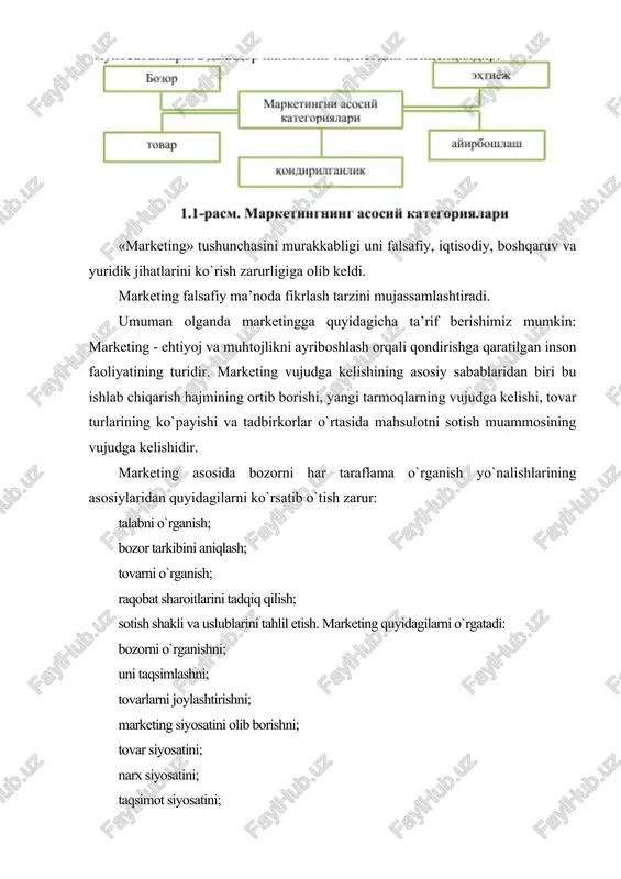 yicha yevropa jamiyati hamda yevropa marketing akademiyasi kabi xalqaro marketing tashkilotlari tuzildi. 1980 yillarning ikkinchi yarmida mamlakatimizning iqtisodiyot yo`nalishidagi oliy ta’lim muassasalarida marketing kursi o`qitila boshlandi. 1990 yillarning oxirlarida va hozirgi kunlarda mamlakatimizda marketing bo`yicha xorijiy adabiyotlar o`zbek tiliga tarjima qilingan holda va shu fan bo`yicha darslik, qo`llanma hamda risolalar o`zbekistonlik mualliflar tomonidan ko`plab chop yetilmoqda. o`tgan asrning 60-yillar o`rtasida eng yirik amerika korporatsiyalarining barchasi o`z xo`jalik faoliyatida marketingning asosiy talablarini qo`llay boshladi. g`arbiy yevropa va yaponiyada marketing g`oyalari aqshga qaraganda sustroq joriy qilindi. ammo 60-yillarning oxiriga kelib ular marketing amaliyotini tezkorlik bilan o`zlashtirishga kirishdilar va bunda muhim yutuqlarga erishdilar. marketing an’anaviy savdo usullaridan farqli ularoq aniq maqsadlarni ko`zlaydi, xo`jalik vazifalarini esa yaqqol ifodalaydi: korxona shunday sifatli mahsulot tayyorlashi lozimki, uni sotish qulay bo`lsin. darhaqiqat, mahsulot ishlab chiqarilgani bilan u albatta foyda keltiradi degan ma’noni hali aslo bildirmaydi. ilgari xo`jalik rahbarlarining vazifasi asosan jami resurslarni ishlab chiqarish talablari bilan muvofiqlashtirishdan …