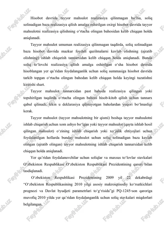 3,8 arralanadigan, xarsangtosh va shag‘al uchun toshlar 3,8 qurilish qumlari 3,0 tosh-shag‘al aralashmasi, shag‘al aralashmasi, mayda toshlar, shag‘al 3,8 qumtoshlar 1,6 chig‘anoq 3,8 slaneslar 3,8 agloporit 2,5 boshqa keng tarqalgan foydali qazilmalar (mergellar, argelitlar, amvritlar va boshqalar) 1,6 2. texnogen mineral hosilalardan ajratib olingan foydali qazilmalar asosiy foydali qazilma boyligini kavlab olganlik uchun stavkadan 30% kalendar yil soliq davridir. hisobot davri quyidagilardir: mikrofirmalar va kichik korxonalar uchun - yil choragi; mikrofirmalar va kichik korxonalar jumlasiga kirmaydigan soliq to‘lovchilar uchun - bir oy; jismoniy shaxslar uchun - kalendar yil. yer qa’ridan foydalanganlik uchun soliq soliq solinadigan bazadan va belgilangan stavkadan kelib chiqqan holda hisoblab chiqariladi. yer qa’ridan foydalanganlik uchun soliqning hisob-kitobi soliq bo‘yicha hisobga olish joyidagi davlat soliq xizmati organlariga quyidagi muddatlarda taqdim etiladi: mikrofirmalar va kichik korxonalar tomonidan - yilning har choragida, hisobot davridan keyingi oyning 25-kunidan kechiktirmay yil yakunlari bo‘yicha esa yillik moliyaviy hisobot taqdim etiladigan muddatda; mikrofirmalar va …