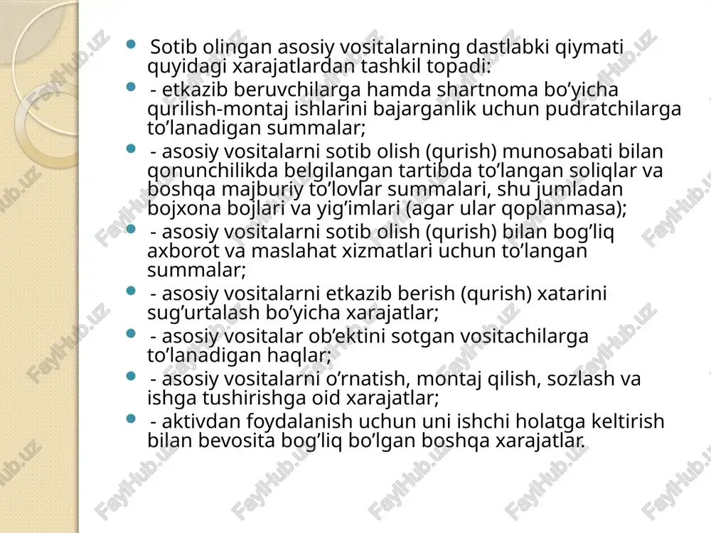 uxgalteriya raschyotlari, ma'lumotnomalari asosiy vositalar eskirishi hisobini xujjatlashtirish asosiy vositalar ob'ekti bo'yicha eskirish hisoblash mazkur ob'ekt asosiy vositalar tarkibiga qabul qilingan oydan keyingi oyning birinchi sanasidan boshlanadi hamda mazkur ob'ektning dastlabki (tiklanish) qiymati doirasida yoxud bu ob'ektni balansdan hisobdan chiqarilguncha amalga oshiriladi. hisobot yili mobaynida asosiy vosita ob'ektlari bo'yicha eskirish har oyda yillik eskirish summasining 1/12 miqdorida hisoblanadi. asosiy vosita ob'ektlari bo'yicha eskirish hisoblash asosiy vositalarning dastlabki (tiklanish) qiymati to'liq qoplangan yoxud bu ob'ekt balansdan hisobdan chiqarilgan oydan keyingi oyning birinchi sanasidan boshlab to'xtatiladi. eskirish hisoblash asosiy vositalar ob'ektlari qiymatining 100 foizidan oshib ketishi mumkin emas. vazirliklar, davlat qo'mitalari va idoralari, zarur hollarda, o'zlarining tizimidagi tashkilotlarda asosiy vositalarning eskirishi me'yorlarini asosiy vositalarning texnik shartlari yoki tayyorlovchi-tashkilotlar tavsiyalariga muvofiq asosiy vositalar ob'ektlarining samarali foydalanish muddatini hisobga olgan holda, tegishli qonunchilik bilan belgilangan me'yorlardan oshmagan holda o'rnatadilar. № muomalalar mazmuni dt kt asos bo'luvchi xujjat 1. asosiy vositalarga eskirish hisoblanishi (har oyda) …