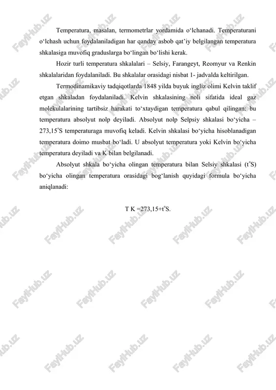 hda o‘zgaradi: (7) yoki v=v0 (1+t) (8) bu yerda v0 va v – gazning tegishlicha 0 va ts temperaturalardagi xajmi. bu qonunlardan foydalanib, ideal gazning holat tenglamasini chiqarish mumkin: massasi 1 kg ga teng bo‘lgan biror gaz p1 ,1 va t1 bilan tavsiflanadigan holatdan p2, 2 va t2 bilan tavsiflanadigan boshqa holatga o‘tadi deb faraz qilaylik. bu o‘zgarish dastlab oraliq hajm 1 gacha o‘zgarmas temperature t1 da, so‘ngra esa oxirgi hajm 2 gacha o‘zgarmas bosim p2 sodir bo‘lsin. boyl – mariott qonuniga ko‘ra t=const bo‘lganda: gey –lyussak qonuniga ko‘ra p=const bo‘lganda topilgan ifodalarni 1 uchun taqqoslasak, quyidagini olamiz: bu tenglamani o‘zgartirib shunday yozish mumkin: (9) ya’ni gazning absolyut bosimi bilan hajmi ko‘paytmasining absolyut temperaturaga nisbati o‘zgarmaydi. 1 kg gaz uchun bu o‘zgarmas kattalik gaz doimiysi deyiladi va r harfi bilan belgilanadi. (10) bu tenglama ideal gazning holat tenglamasi deyiladi. bu tenglama ko‘pincha uni taklif etgan olimning nomi bilan klapeyron tenglamasi …