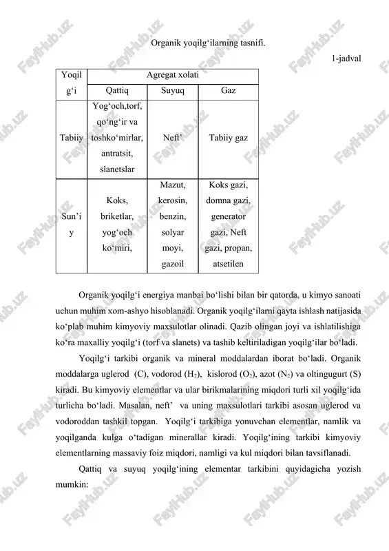 i kamaytiradi, uskunalarning metall qismlarini yemiradi, o‘txonalarning ishlashini qiyinlashtiradi. kul tarkibiga asosan ishqoriy metallar tuzlari, temir va alyuminiy oksidlari hamda oltingugurt sulpfati kiradi. bundan tashqari kulda caco3, mgco3 bo‘lishi mumkin. yoqilg‘ilar tarkibida kulning miqdori xar-xil bo‘ladi. masalan quruq yoqilg‘ilar uchun aq ning qiymati quyidagicha bo‘ladi, %: yog‘och uchun 1, torf uchun 10, toshko‘mir uchun 10-20, qo‘ng‘ir ko‘mir uchun 30, slanetslar uchun 60. suyuq yoqilg‘i (mazut) tarkibida ham oz miqdorda (0,2-1%) mineral aralashma bo‘ldi. uchuvchan moddalar va koks. qattiq yoqilg‘i havosiz fazoda 870-1070 k temperaturagacha qizdirilganda undan uchuvchan moddalar ajralib chiqadi. uchuvchan moddalar tarkibiga azot n2, vodorod h2, kislorod o2, uglerod oksidi co, uglevodorod gazlari ch4, c2 h4 va shu kabilar hamda namlikdan hosil bo‘lgan suv bug‘lari kiradi. uchuvchan moddalar tarkibi yoqilg‘ini qizdirish jarayoniga bog‘liq bo‘ladi. uchuvchan moddalar yig‘indisi vu xarfi bilan belgilanadi va faqat yonuvchan massaga taaluqli bo‘ladi. uchuvchan moddalar slanetsda (vu=90%) va torfda (vu=75%) eng ko‘p bo‘ladi. qo‘ng‘ir ko‘mirda …