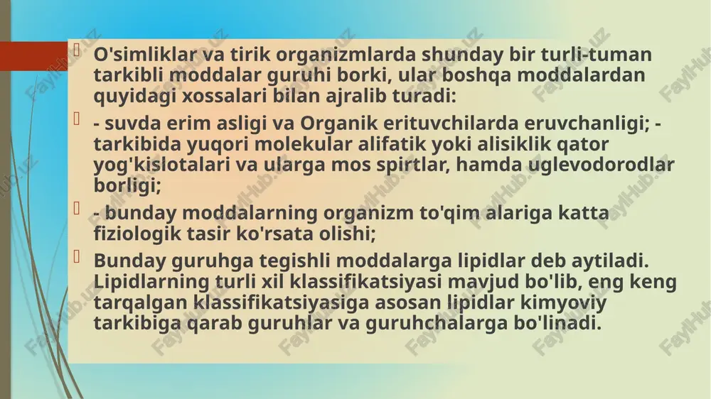 uzilishi jixatidan sfingolipidlarga o'xshaydi, chunki uning tarkibida aminospirt-sfingozin, yog' kislotalardan lignosserinat va nervonat kislotalar qoldig'i uchraydi. lekin ular tarkibida azot va fosfat asoslari bo'lmasligi bilan sfingolipidlardan farq qiladi. glikolipidlarning uglevod komponentlari sifatida, ko'pincha, galaktoza va uning hosilalari uchraydi. shuning uchun bular ham molekulasining tuzilishi jihatidan fosfolipidlarga o'xshaydi. fosfolipidlar(murakkab lipidlar) glitseridlarga o'xshash bo'lib, ulardan farqi, tarkibida qo'shimcha fosfat kislota qoldig'iga birikkan holda azotli asos yoki aminokislota bo'ladi. ular tuzilishi jihatidan murakkab efirlar bo'lib, barcha organizm xujayralarida keng tarqalgan. inozitolfosfolipidlar-fosfatidlarga nisbatan murakkab tuzilgan. shuning uchun uni biomateriallardan ajratib olish ancha murakkab kechadi. ular gidroliz qilinganda inozit, yog' kislotalar, fosfat kislota qolidiqlaridan tashqari glitserin, galaktoza va boshqalar ajratib olingan. sfingolipidlar-ham o'simliklar hayvonlar membranasi tarkibida, ayniqsa nerv to'qimalarida ko'p bo'ladi. yog' to'qimalarida esa kam bo'ladi. bular gidrolizga uchraganda bir molekula yog' kislota va yuqori molekulyar to'yinmagan aminospirt-sfingozin yoki uning to'yingan analogi digidrosfingozin, fosfat kislota va azot asosi hosil bo'ladi. lekin ular tarkibida glitserin bo'lmaydi. …