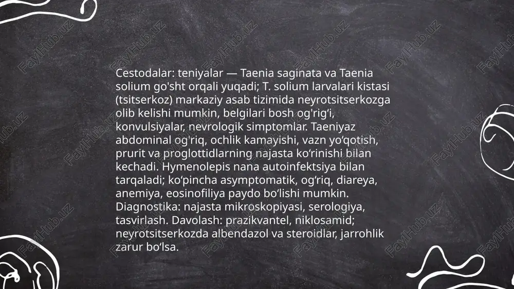 ensiya eng yuqori; 5-14 yosh guruhi xavf ostida. mehnat bilan bog'liq ekspozitsiya — qishloq xo'jaligi. ijtimoiy-gigiena choralar: massiv antiparazitar davolash, sanitariya, gigiena ta'limi, toza ichimlik suvi va monitoring zarur. ... t.me/slaydai_bot maktablarda va jamoalarda parazit profilaktikasi: muntazam qo‘l yuvish, tirnoqlarni qisqa saqlash, shaxsiy gigiena darslari va o‘quvchilarni o‘qitish. maktab oshxonalarida oziq-ovqat xavfsizligi, toza ichimlik suvi ta’minoti, axlatni to‘g‘ri boshqarish. davriy dezinfeksiya va helmintlarga qarshi 6 oyda bir marta yoki hudud sog‘liqni saqlash ko‘rsatmasiga ko‘ra antiparazitar dorilar bilan profilaktika. hasharotlar va kemiruvchilarni nazorat qilish, sog‘liqni saqlash monitoringi, kasallik aniqlansa tezkor davolash va malakali ro‘yxatga olish. so'rg'ichlilar va odam parazitlari qo'qon universiteti andijon filali davolash ishi 25_29- guruh talabasi xudoyberdiyeva gulnozaxon e'tiboringiz uchun raxmat! image1.png image2.png image3.png image4.jpg image5.png image6.jpg image7.jpg image8.jpg /docprops/thumbnail.jpeg