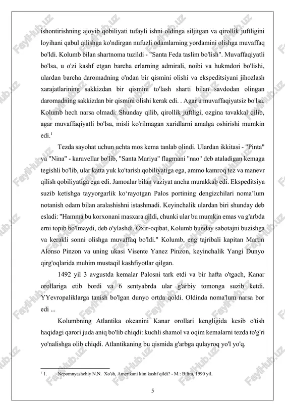 mida g'arbga qulayroq yo'l yo'q. sayohatning dastlabki ikki haftasi ajoyib o'tdi: sokin dengizlar, barqaror shamol va butun ekipajning muvaffaqiyat yaqinligiga to'liq ishonchi. 16 sentyabrdan boshlab ko'plab suv o'tlari paydo bo'ldi. kemalar sargasso dengiziga yaqinlashayotgan edi - har tomondan kuchli atlantika oqimlari bilan chegaralangan ulkan okean suvi. avvaliga suv o'tlari ishontirdi, chunki ular erning yaqinligidan dalolat beradi, ammo vaqt o'tishi bilan ular xurofiy qo'rquvni uyg'ota boshladilar. shu bilan birga, kompas ignasining shimoldan og'ishi sezildi, buning natijasida kolumb o'zining bort kundaligida ta'kidlaganidek, "dengizchilarni qo'rquv va qayg'u bilan qamrab olishdi". ammo dengizchilarni tashvishga solgan asosiy narsa sharqiy shamollarning barqarorligi edi. shamolga qarshi shunchalik katta masofani bosib o'tib, ispaniyaga qaytishning iloji yo'qligi haqida gap bordi. 7-oktabr kuni janubi-g‘arbga uchayotgan kemalardan ko‘plab qushlar ko‘rindi. kolumb portugaliyaliklar qushlarning parvoziga ergashib orollarni kashf etganini bildi va janubi-g'arbiy tomonga burilib ketdi. qaror yana to'g'ri bo'lib chiqdi: agar kemalar avvalgi yo'nalishini saqlab qolganda edi, ular fors ko'rfazi oqimining kuchli …