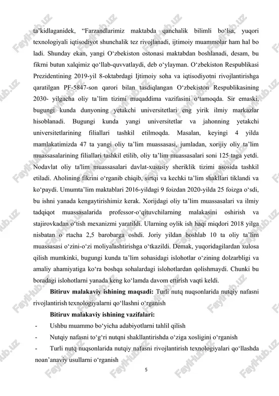 nutq nuqsonlarida nutqiy nafasni rivojlantirish texnologiyalarni qo‘llashni o‘rganish bitiruv malakaviy ishining vazifalari: · ushbu muammo bo‘yicha adabiyotlarni tahlil qilish · nutqiy nafasni to‘g‘ri nutqni shakllantirishda o‘ziga xosligini o‘rganish · turli nutq nuqsonlarida nutqiy nafasni rivojlantirish texnologiyalari qo‘llashda noan’anaviy usullarni o‘rganish bitiruv malakaviy ishining ob’ekti: turli nutq nuqsonlarida nutqiy nafasni rivojlantirish texnologiyalari qo‘llashni aniqlash jarayonlari bitiruv malakaviy ishining predmeti: turli nutq nuqsonlarida nutqiy nafasni rivojlantirish texnologiyalarini qo‘llashni o‘rganish vositalari va metodlari bitiruv malakaviy ishining metodologik asoslari: o‘zbekistonda keyingi besh yillikda amalga oshiriladigan islohotlarning zarur siyosiy-huquqiy, ijtimoiy-iqtisodiy va ilmiy-ma’rifiy asoslarini yaratib berishga qaratilgan yangi o‘zbekistonning 2022–2026 yillarga mo‘ljallangan taraqqiyot strategiyasi loyihasi keng jamoatchilik muhokamasi uchun e’lon qilindi. taraqqiyot strategiyasi loyihasi: • inson qadrini yuksaltirish va erkin fuqarolik jamiyatini yanada rivojlantirish orqali xalqparvar davlat barpo etish; • mamlakatimizda adolat va qonun ustuvorligi tamoyillarini taraqqiyotning eng asosiy va zarur shartiga aylantirish; • milliy iqtisodiyotni rivojlantirish, uning o‘sish sur’atlarini zamon talablari darajasida ta’minlash; • adolatli …