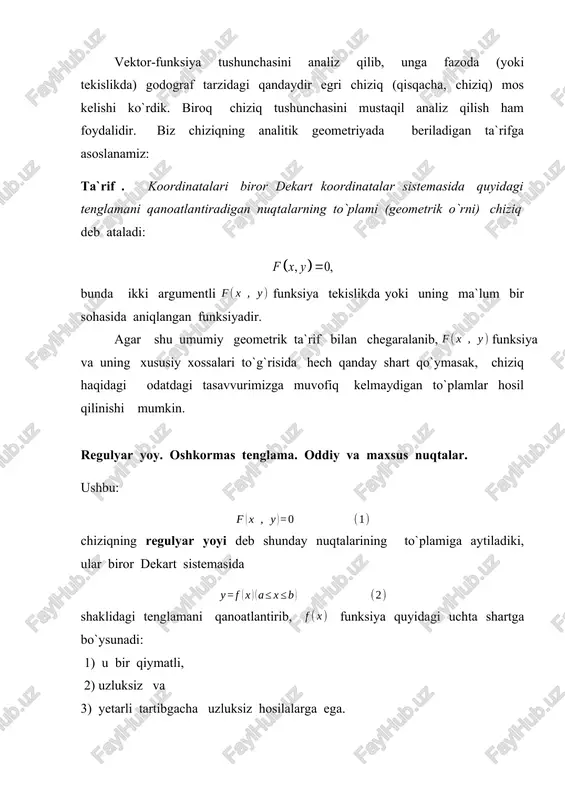 artibli uchta hosiladan aqallibittasi noldan farqli bo`lsin, masalan, bo`lsa, koordinata o`qlarini burib, ning noldan farqli bo`lishiga erishish mumkin. chiziqning bunday m0 nuqtasi ikki karrali (qo`shaloq) nuqta deb ataladi. ta`rif . 3 (uch karrali maxsus nuqta) . birinchi va ikkinchi tartibli barcha xususiy hosilalar nolga aylanib, uchinchi tartibli hosilalardan kamida bittasi noldan farqli bo`lsa, bunday nuqtani biz uch karrali nuqta deb ataymiz. ta`rif . 4 nuqtada ikkala yoy shu nuqtadagi urinmaning turli tarafiga joylashib , lekin normaldan bir tomonga yotadi . nuqta bu holda birinchi tip qaytish nuqtasi detiladi . (8 – chizma a) ta`rif . 5 nuqtada ikkala yoy ham urinma bilan normaldan bir tarafga yotadi . nuqta bu holda ikkinchi tip qaytish nuqtasi deyiladi , (8 – chizma b) ta`rif . 6 nuqta bir - biriga urinib ketib , umumiy urinmadan bir tomonda (yoki turli tomonga) yotishi mumkin . oxirgi holda nuqtada chiziqning o`z-o`ziga urinish nuqtasi deyiladi . (8 …