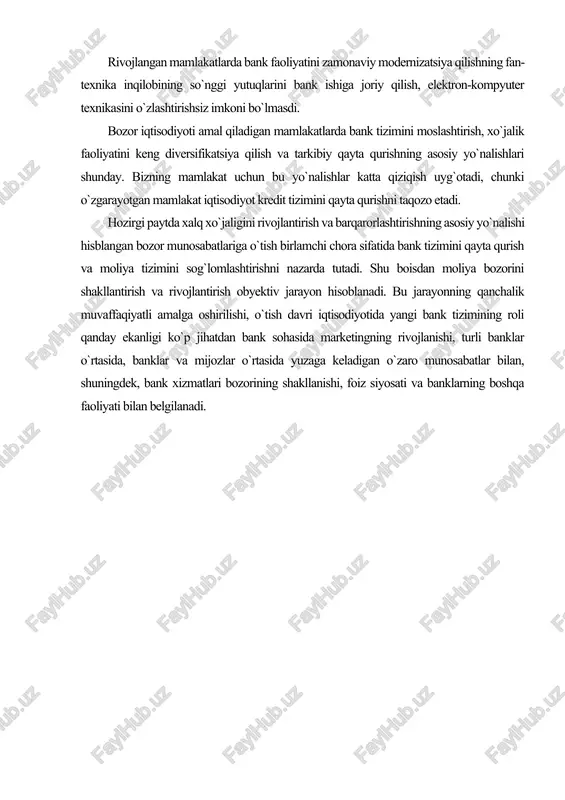 maqsadida bozorga taklif etiladigan har qanday narsalardir. bu jismoniy obyektlar, xizmatlar, shaxslar, joylar, tashkilotlar va g`oyalar bo`lishi mumkin. bank tovarlari o`ziga xosdir, bu - pul bilan operatsiyalar ifodalaydigan xizmatlar. iqtisodiy aabiyotlarda bu xizmatlar «bank mahsuloti» nomini olgan. bizning amaliyotda bu atama bozor iqtisodiyotiga o`tilishi munosabati bilan endi qo`llanila boshlagan. amerika adabiyotlarida bank tomonidan amalga oshirilgan u yoki bu operatsiya yoki xizmatni nazarda tutgan holda aynan bank mahsulotlari haqida gapirish qabul qilingan. buning ustiga, banklar oxirgi o`n yillikda o`z faoliyatida asosiy e’tiborni mijozning manfaatlarida belgilangan harakatlarni amalga oshirishdan ko`ra tobora ko`proq yaratilgan va keng ma’noda muomalada bo`lgan moliyaviy majburiyatlar oldi-sotdisiga qaratmoqdalar. bank operatsiyalari quyidagi turlarga tasniflanishi mumkin: 1) kredit xizmatlari (operatsiyalari) bu - bank va mijoz (qarz oluvchi yoki debitor) o`rtasida muddatlilik, pullilik va qaytarib berilish tamoyillari asosida belgilangan miqdorda pul mablag`lari taqdim etish bo`yicha munosabatlar; 2) depozitli operatsiyalar - banklarga turli iqtisodiy kontragentlarning vaqtinchalik bo`sh pul mablag`larini jamg`arish imkoniyatini beradi; …