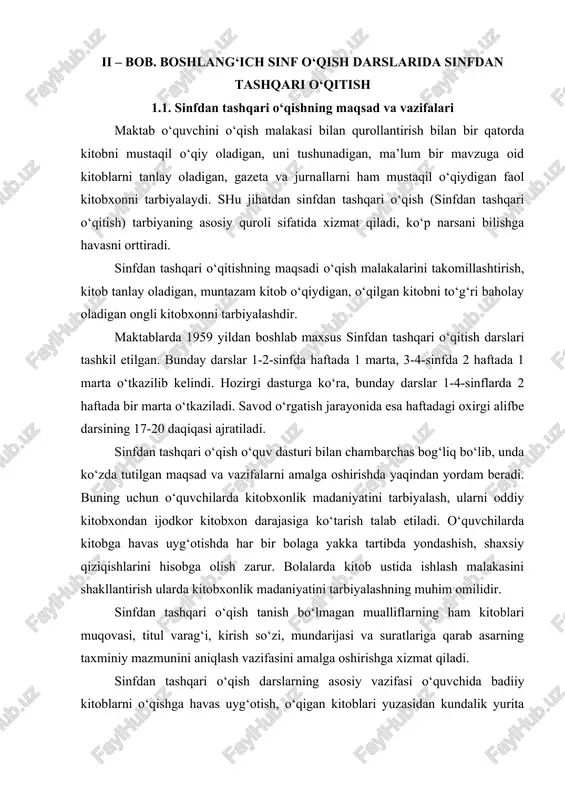 ish qiziqarli va o‘ziga jalb etadigan faoliyat bo‘lib, bolalam ing bilim doirasini boyitadi, qiyoslash uchun material beradi. sinfda o‘qish — hayotga tayyorlash vositasi, sinfdan tashqari o‘qish esa hayotning o‘zidir. hozirgi paytda boshlang‘ich sinf o‘quvchilari uchun sinfdan tashqari o‘qishga mo‘ljallangan “kitobim-oftobim” nomli qo‘llanmalar ham chop etilgan. sinfdan tashqari o‘qitish darslari o‘quvchilarda mustaqil kitob tanlash va o‘qish malakalarini shakllantiradi. mustaqil o‘qish malakasini shakllantirish 3-bosqichga bo‘linadi: 1. tayyorlov bosqichi. bu 1-sinfning savod o‘rgatish davriga to‘g‘ri keladi. unga darsning bir qismi − 17-20 daqiqasi ajratilgani uchun “sinfdan tashqari o‘qitish ma’lumoti” deb yuritiladi. 2. boshlang‘ich bosqich. bu 1-sinfning 2-yarim yilligiga to‘g‘ri keladi. bu bosqichda haftada 1 marta 45 daqiqalik dars uyushtiriladi. 3. asosiy bosqich. bu bosqich 2-4-sinflarga to‘g‘ri keladi. bu davrda o‘quvchilarning o‘qish malakalarni mustahkamlanadi. bunda o‘quvchilarning sinfdan tashqari o‘qiganlari baholanadi. sinfdan tashqari o‘qitish bosqichlari, dastur talablari, tarbiyaviy vazifalari o‘quvchilarning qiziqishlari bilan belgilanadi. masalan, tayyorlov bosqichida kichik hajmdagi asarni o‘qituvchi o‘qib bersa, o‘qilganlar yuzasidan suhbat, …