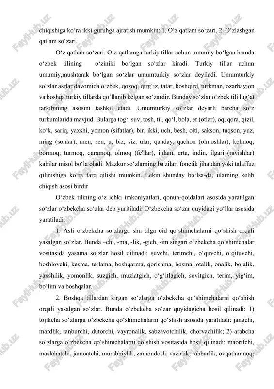 gonsoz, uysoz, mashinasoz, noaniq, serish, sertarmoq, serhosil, madadkor, bunyodkor, notinch, beish, chizmakash, yo‘lsoz, ilmiy, tarbiyaviy, oilaviy kabilar. til millatning ulkan boyligi va bebaho mulkidir. shuning uchun ona tilini sevish, puxta o‘rganish, uni billurdek musaffo saqlash. kamol toptirish milliy tilimiz. ona xalqimiz jonajon vatanimizda bo‘lgan beqiyos muhabbatimiz ramzidir. til avlodlarni avlodlarga. asrlarni asrlarga bog‘laydi, chunki biz va siz tasawur qila olmaydigan o‘tmish ajdodlarimiz ruhi shu ona tilimizga singdirilgan. dunyoga yangi kelgan chaqaloq ham ona tilida alia eshitiborom oladi, har erta tongda televideniye. radio to‘lqinlaridantaraladigan davlat madhiyasini ona tilimizda eshitib, undanfaxrlanamiz. dastawal shuni aytish kerakki, o‘zbek tilini xv asrda davlat tili darajasiga ko‘tarish, uni ravnaq toptirish uchun buyuk bobokalonimiz hazrati mir alisher navoiy ko‘p kuch sarf qildi. u o‘zining "xamsa", "xazoyin ul-maoniy". "muhokamatul lug‘a-tayin", kabi qator o‘lmas asarlarini shu tilda yaratdi. sulton husayn homiylik qilib, a. navoiyning bu sohadagi ishlarini qo‘llab-quwatlagan hamda maxsus farmon bilan o‘zbek tiliga davlat tili maqomini bergan edi. …