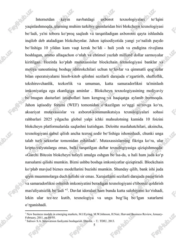 rilmaydi. bundan tashqari, ushbu investitsiyalarning sezilarli qismi raqamli valyutalarga to‘g‘ri keladi, ularning kurslari markaziy banklar chiqargan valyutalarga qaraganda ancha tez o‘zgarib turadi. shu sababli, barcha blokirovka kompaniyalari va xususiy loyihalarning narxini to‘g‘ri hisoblash mumkin emas. blockchain sanoati hali juda yosh va aslida odatda ishonilganidan ancha yoshroq. endi uni kripto-valyutalar bilan aniqlash mumkin emas va sanoat kapitallashuvi barcha kripto-valyutalar va lotinlarning umumiy qiymatiga qarab hisoblab chiqilishi mumkin. axir, blockchain loyihalarining tobora ko‘payib borayotgani ichki moliyaviy tarkibiy qismlarsiz ishlab chiqilmoqda. mavzuning dolzarbligi. mamlakatimizda raqamli iqtisodiyotni faol rivojlantirish, barcha tarmoqlar va sohalarda, eng avvalo, davlat boshqaruvi, ta’lim, sog‘liqni saqlash va qishloq xo‘jaligida zamonaviy axborot-kommunikatsiya texnologiyalarini keng joriy etish bo‘yicha kompleks chora-tadbirlar amalga oshirilmoqda. xususan, elektron hukumat tizimini takomillashtirish, dasturiy mahsulotlar va axborot texnologiyalarining mahalliy bozorini yanada rivojlantirish, respublikaning barcha hududlarida it-parklarni tashkil etish, shuningdek, sohani malakali kadrlar bilan ta’minlashni ko‘zda tutuvchi 220 dan ortiq ustuvor loyihalarni amalga oshirish boshlangan. bundan tashqari, 40 dan …