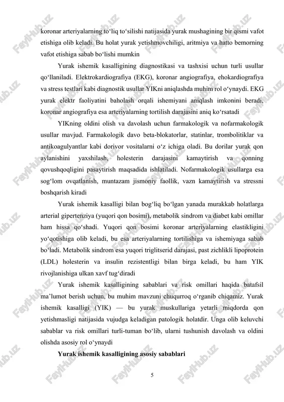 him rol o‘ynaydi. agar oilada yurak-qon tomir kasalliklari bo‘lgan bo‘lsa, unda boshqa a’zolar ham shu kasallikka chalingan bo‘lishi ehtimoli yuqori. genetik omillar yurak mushaklarining strukturasi, qon tomirlarining elastikligi va metabolizm jarayonlarini ta’sir qilishi mumkin. shuningdek, genetik omillar orqali organizmning yog‘ almashinuvi va qon bosimi tartibga solinishi ham ta’sir qilishi mumkin irsiy moyillik bilan birga, ba’zi genetik mutatsiyalar ham yurak ishemik kasalligiga olib kelishi mumkin. masalan, ldl holesterin darajasini boshqarishga oid genlar buzilishi natijasida yuqori holesterin darajasi rivojlanishi mumkin. bu esa arteriyalarda yog‘ birikmalarini shakllantirib, koronar arteriya kasalliklariga olib keladi yurak ishemik kasalligining boshqa risk omillari yuqori qon bosimi (arterial gipertenziya) — bu yurak ishemik kasalligining yana bir asosiy risk faktoridir. qon bosimining uzluksiz ko‘tarilishi koronar arteriyalarga qo‘shimcha yuklama beradi va ularda elastiklikning yo‘qolishiga olib keladi. natijada, arteriyalar devorlari qalinlashib, qon oqimi chegaralanadi. bu holat miokard ishemiyasini chaqirib chiqarishi mumkin diabet ham yurak ishemik kasalligining katta risk faktoridir. diabet bilan og‘rigan …