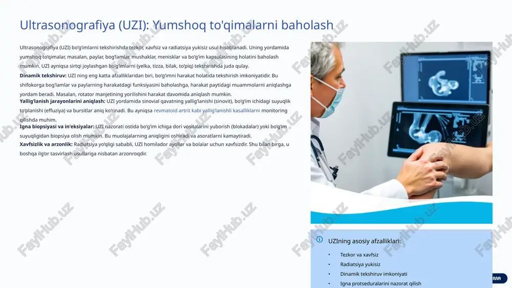 a optik tolali kamera (artroskop) va maxsus jarrohlik asboblarini kiritish orqali amalga oshiriladi. artroskopiyaning afzalliklari: aniq tashxis: artroskop orqali bo‘g‘im ichki tuzilmalarini (tog‘ay, menisk, bog‘lamlar, sinovial qavat) bevosita ko‘rish mumkin. bu mrt yoki ktda aniqlanmaydigan mayda shikastlanishlar va patologiyalarni aniqlashga yordam beradi. bir vaqtning o‘zida davolash: tashxis qo‘yish bilan birga, ko‘plab patologik holatlar artroskopiya davomida darhol davolanadi. masalan, yorilgan meniskni tiklash, tog‘ayni silliqlash, bo‘sh suyak parchalarni olib tashlash, yallig‘langan sinovial qavatni olib tashlash (sinektomiya). minimal invazivlik: kichik kesmalar tufayli bemorning tiklanish davri qisqa bo‘ladi, og‘riq kamroq seziladi va chandiqlar deyarli qolmaydi. biopsiya imkoniyati: bo‘g‘im ichidagi to‘qimalardan biopsiya olish va gistologik tekshiruvga yuborish mumkin, bu esa ba'zi kasalliklarni (masalan, sinovial o‘smalar) aniq tashxislashda muhimdir. artroskopiya ayniqsa tizza, yelka, to‘piq va bilak bo‘g‘imlaridagi muammolarni hal qilishda keng qo‘llaniladi. u jarohatlar, yallig‘lanishli va degenerativ kasalliklarni tashxislash va davolashda yuqori samaradorlikka ega. 7 revmatoid kasalliklar va tizimli kasalliklarni zamonaviy tekshirish usullari revmatoid kasalliklar va …
