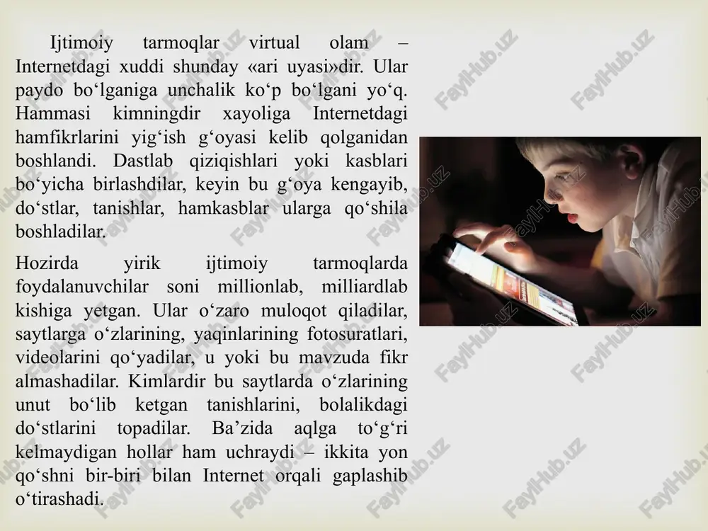 otdagi faoliyatni ko‘paytirish: sport, kitob o‘qish, do‘stlar bilan muloqot kabi foydali mashg‘ulotlarga vaqt ajratish. texnologik vositalarni cheklash: telefon va kompyuterda vaqtni kuzatuvchi ilovalardan foydalanish. oila va yaqinlar yordami: ota-ona, do‘stlar va o‘qituvchilarning qo‘llab-quvvatlashi muhim rol o‘ynaydi. eng muhimi, virtual olamni foydali maqsadlarda ishlatish, lekin u hayot markaziga aylanmasligini ta’minlashdir.  xulosa qilib aytganda, virtual olam inson hayotini yengillashtiruvchi va rivojlantiruvchi qulay vosita bo‘lishiga qaramay, unga haddan tashqari bog‘lanish salbiy oqibatlarga olib kelishi mumkin. virtual qaramlik psixologik, jismoniy va ijtimoiy muammolarni keltirib chiqaradi. shuning uchun texnologiyalardan oqilona foydalanish, vaqtni to‘g‘ri taqsimlash va real hayotdagi faoliyatlarni unutmaslik muhim ahamiyatga ega. har bir inson o‘z hayotida virtual olam va real dunyo o‘rtasida muvozanatni saqlashga harakat qilishi kerak. xulosa:  references: toshtemirov r.a., virtual haqiqat va uning insonga ta’siri, ta’lim va innovatsion tadqiqotlar, xalqaro ilmiy-metodik jurnal, 2-qism, 2023, 306-309 b. toshtemirov r.a., o'quvchilarda o'qishga nisbatan ijobiy munosabatni namoyon bo'lishning dinamik xususiyatlari //scholar. – 2023. …