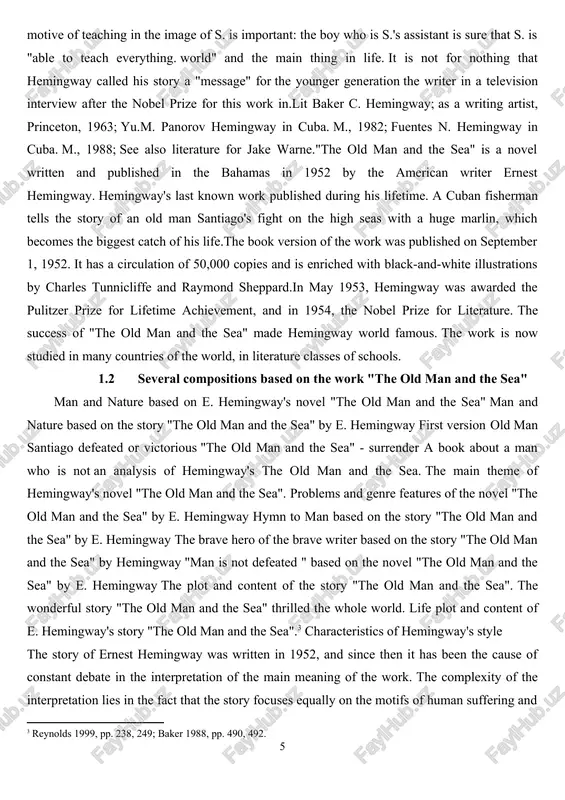 o of the brave writer based on the story "the old man and the sea" by hemingway "man is not defeated " based on the novel "the old man and the sea" by e. hemingway the plot and content of the story "the old man and the sea". the wonderful story "the old man and the sea" thrilled the whole world. life plot and content of e. hemingway's story "the old man and the sea".[footnoteref:3] characteristics of hemingway's style [3: reynolds 1999, pp. 238, 249; baker 1988, pp. 490, 492.] the story of ernest hemingway was written in 1952, and since then it has been the cause of constant debate in the interpretation of the main meaning of the work. the complexity of the interpretation lies in the fact that the story focuses equally on the motifs of human suffering and loneliness and the victory of the heroic principle in …