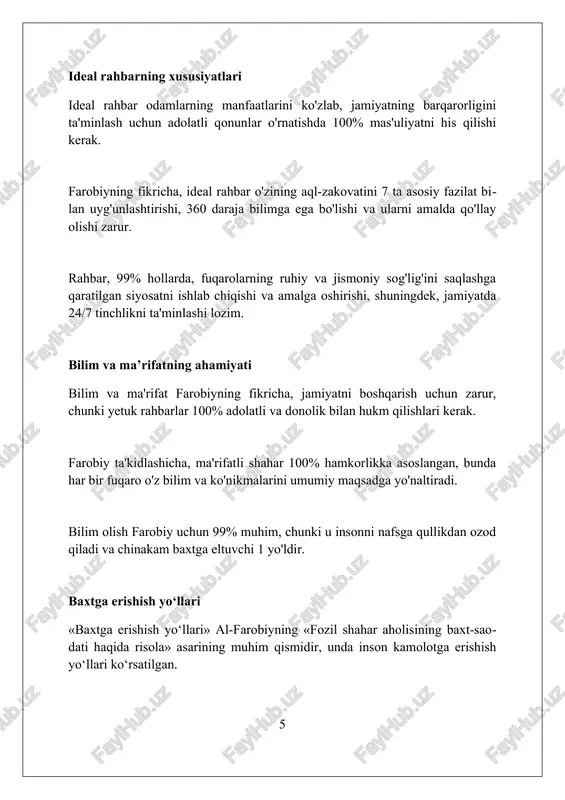 adi. xulosa al-farobiyning "fazilatli shahar" asariga sharh, siyosiy falsafa va axloqiy ideallarni tushunish uchun muhim manba bo'lib, jamiyatni adolat va baxtga yo'naltirishga intiladi. foydalanilgan adabiyotlar 1. butterworth, charles e. al-farabi: the political writings, selected aphorisms and other texts. cornell university press, 2001. (sharhlar haqida aniq ma'lumot bermasligi mumkin, lekin al-farobiyning siyosiy g'oyalarini tushunish uchun muhim.) 2. galston, miriam 0 0 0 4