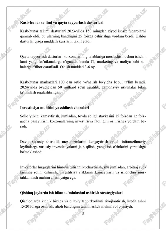 yuqori malakali ishchi kuchi ko'payadi va ish haqi o'rtacha 10% ga oshishi mumkin. taklif etilayotgan soliq imtiyozlari kichik biznes uchun, xususan, startaplar uchun, ish bilan ta'minlashni 20% ga oshirish va mahalliy iqtisodiyotni rivojlantirish uchun muhimdir. biznesni rag'batlantirish va eksportni qo'llab-quvvatlash orqali, tashqi savdo hajmini kamida 25% ga oshirish, aholi daromadini barqaror ravishda oshirishga olib keladi. xulosa aholining bandligini va real daromadlarini doimiy ravishda oshirish bo'yicha olib borilayotgan ishlar iqtisodiy o'sish va fuqarolar farovonligini ta'minlashga qaratilgan muhim qadamdir. foydalanilgan adabiyotlar 1. aholini ish bilan ta'minlash va real daromadlarni barqaror oshirish bo'yicha olib borilayotgan ishlar haqida ma'lumotlar (milliy statistika qo'mitasi ma'lumotlari). 2. iqtisodiy o'sishning aholi bandligiga va daromadlariga ta'siri (iqtisodiy tadqiqotlar instituti). 3 0 0 0 4